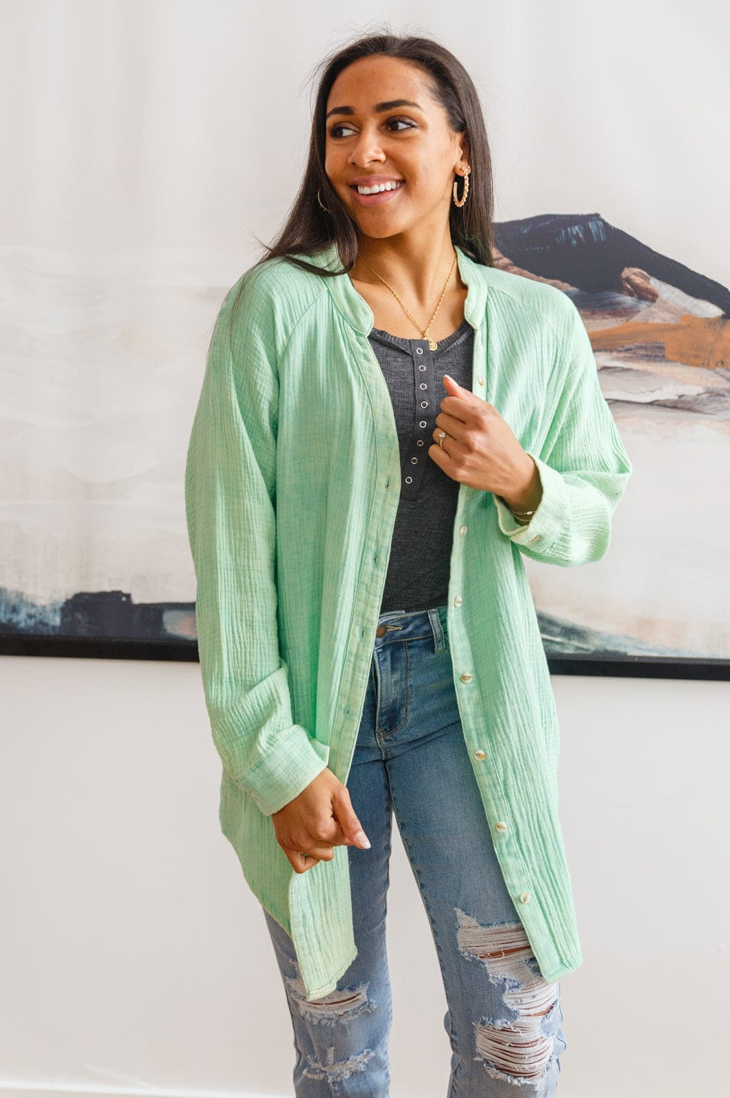 Corey Button Up Top In Vintage Green-Womens-Stay Foxy Boutique, Florissant, Missouri