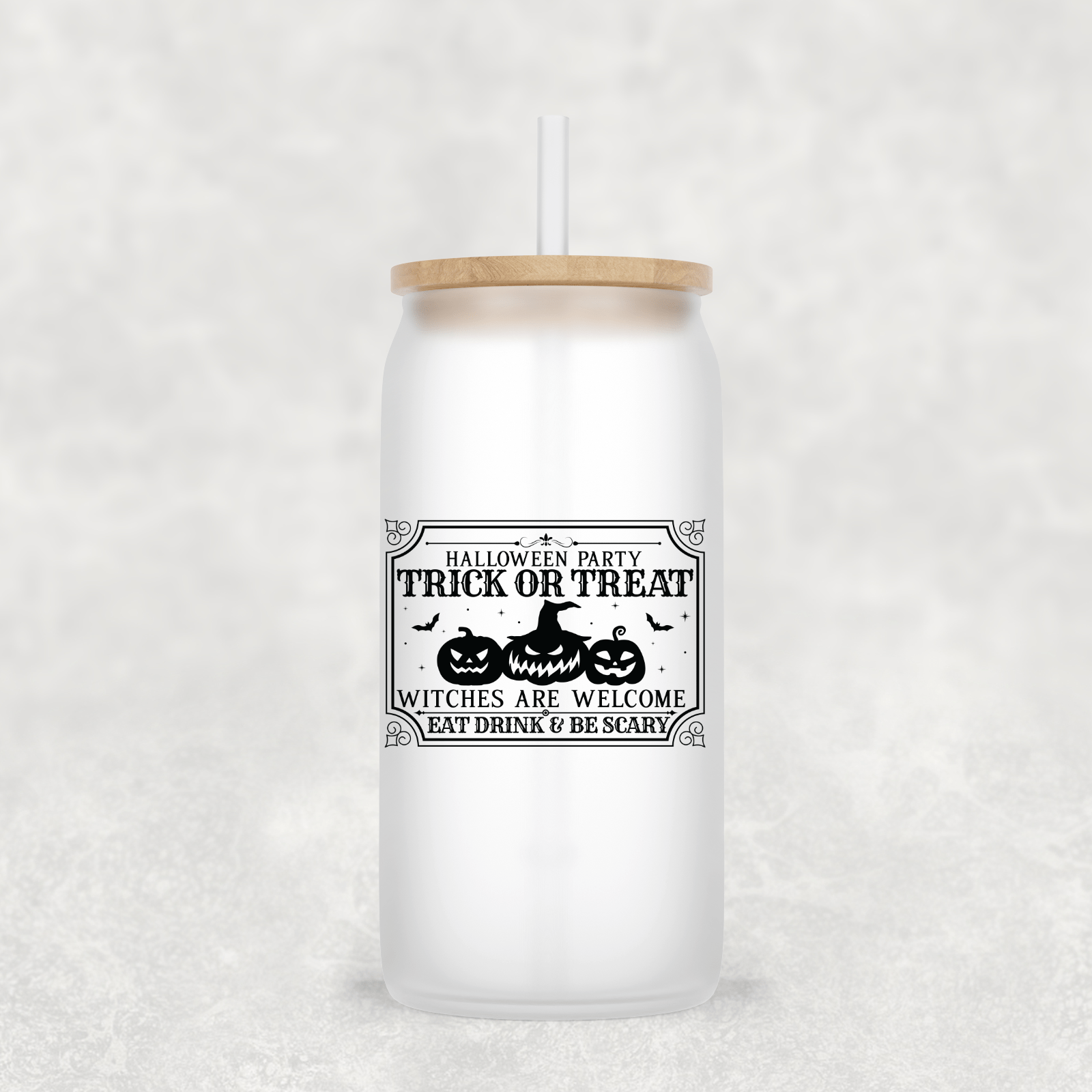 Halloween Party Glass Cup with clear straw and bamboo lid-Drinkware-Stay Foxy Boutique, Florissant, Missouri