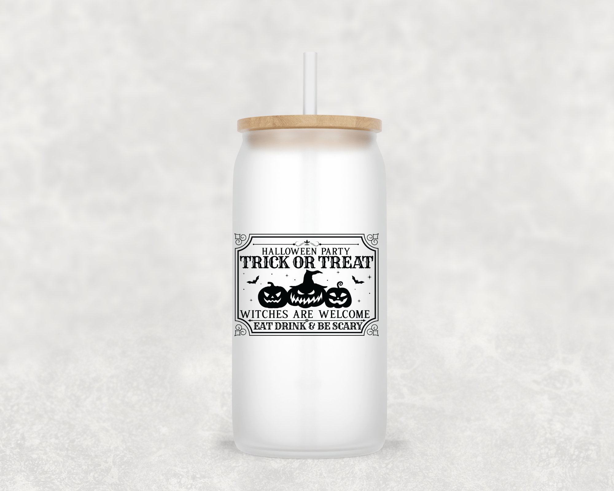 Halloween Party Glass Cup with clear straw and bamboo lid-Drinkware-Stay Foxy Boutique, Florissant, Missouri
