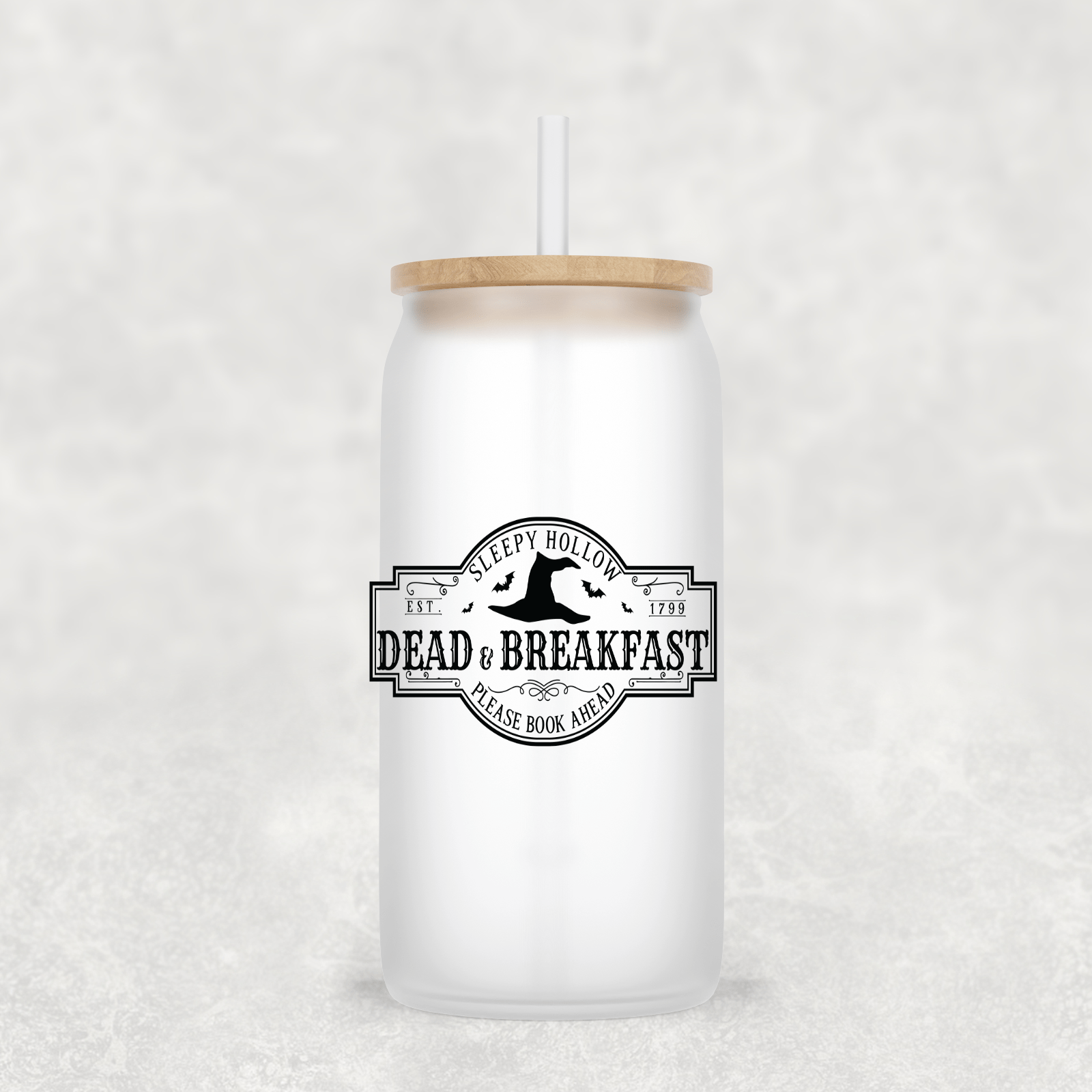 Sleepy Hallow Glass Cup with clear straw and bamboo lid-Drinkware-Stay Foxy Boutique, Florissant, Missouri