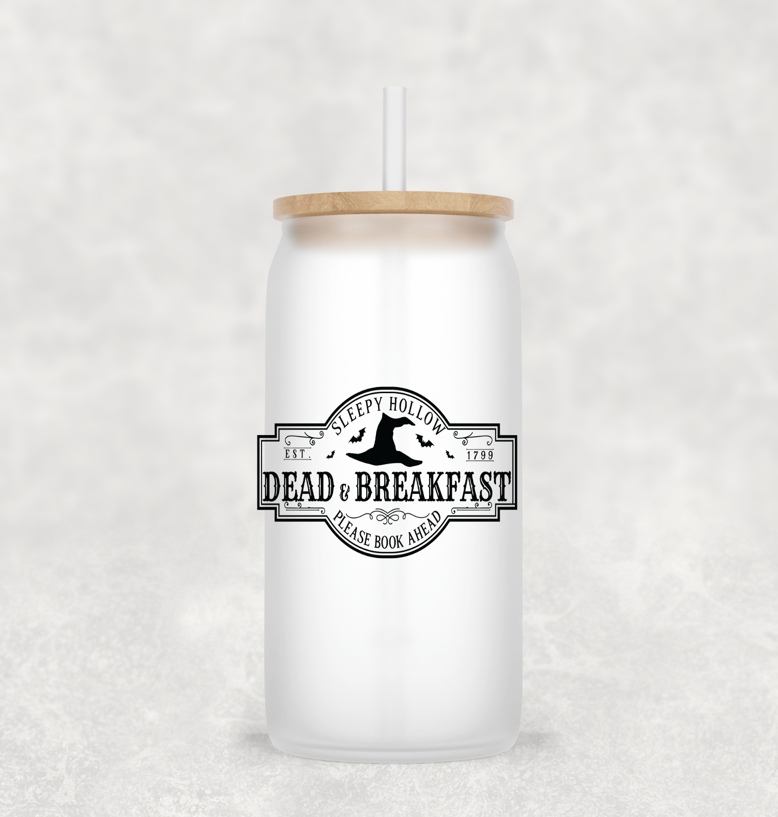 Sleepy Hallow Glass Cup with clear straw and bamboo lid-Drinkware-Stay Foxy Boutique, Florissant, Missouri