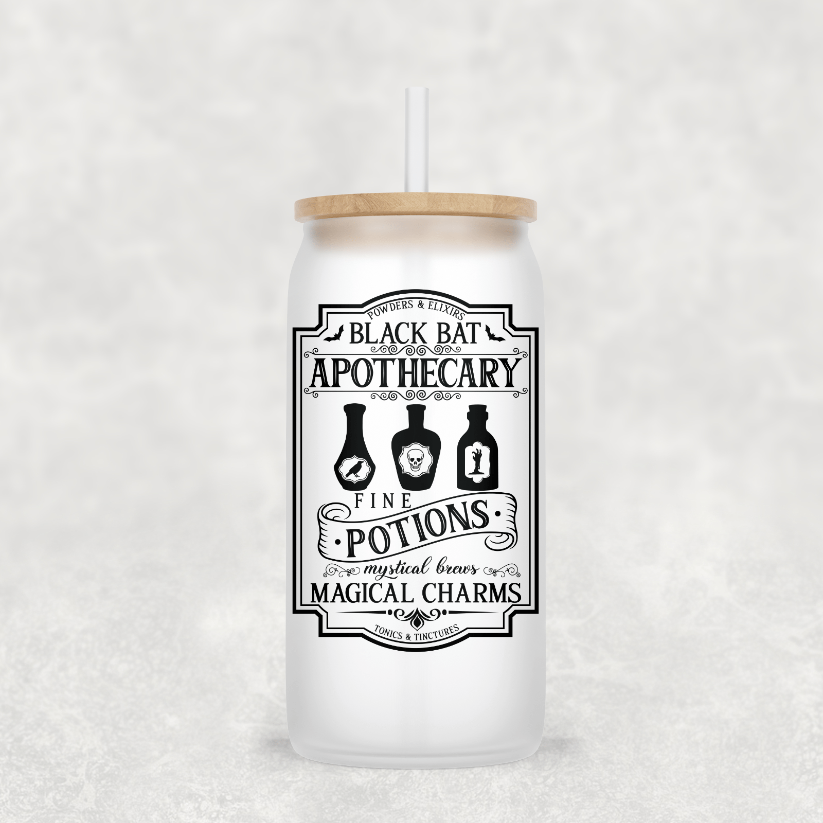 Black Bat Glass Cup with clear straw and bamboo lid-Drinkware-Stay Foxy Boutique, Florissant, Missouri