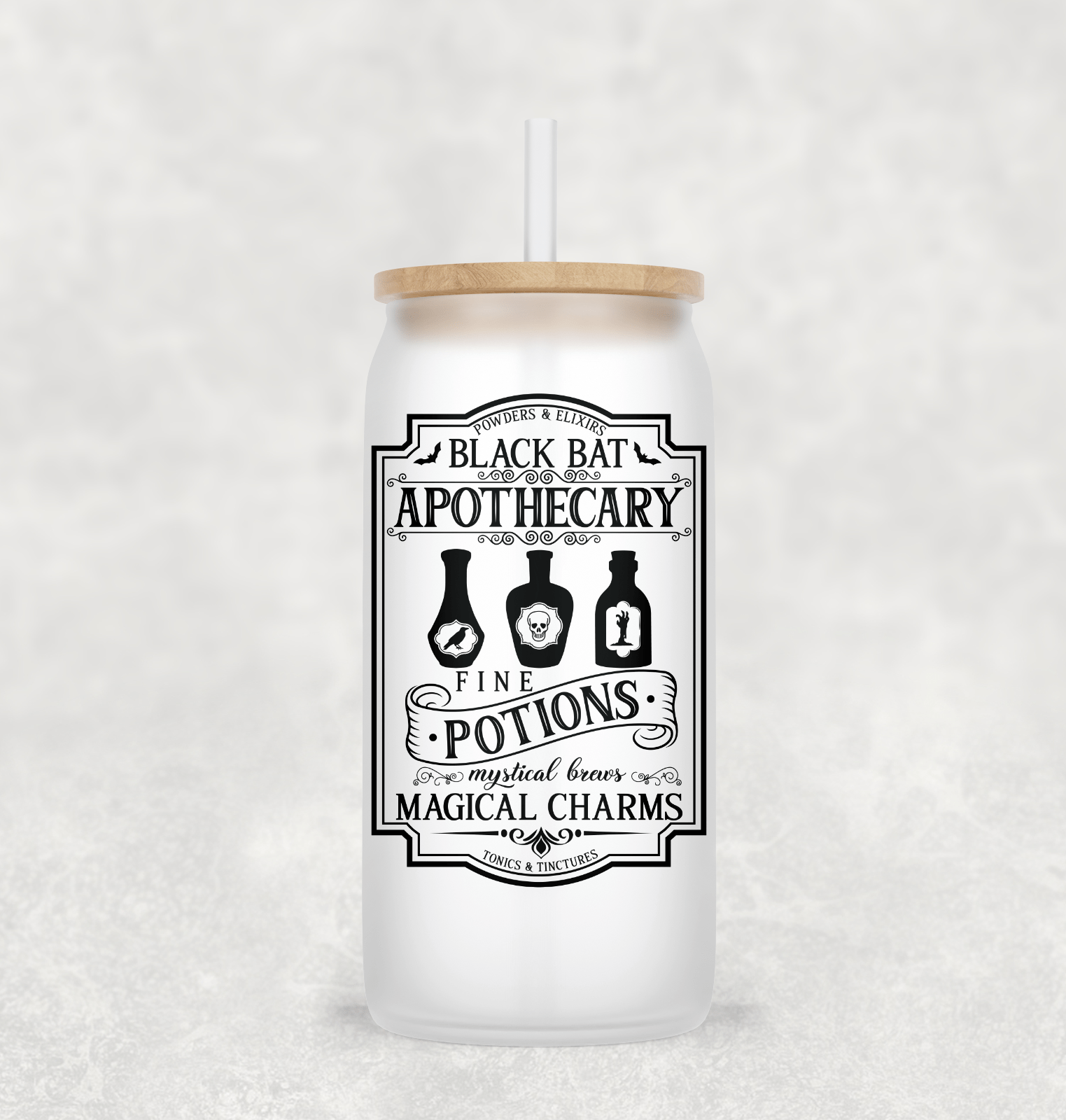 Black Bat Glass Cup with clear straw and bamboo lid-Drinkware-Stay Foxy Boutique, Florissant, Missouri
