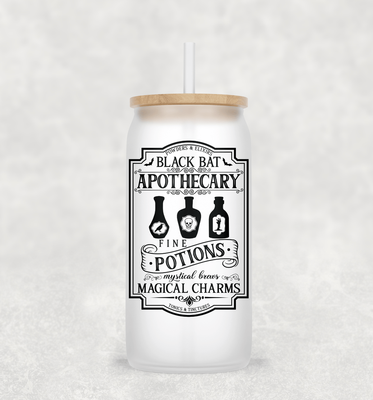 Black Bat Glass Cup with clear straw and bamboo lid-Drinkware-Stay Foxy Boutique, Florissant, Missouri