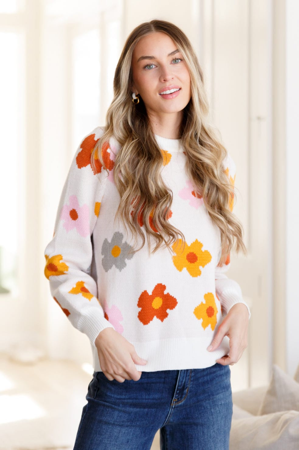 Falling Flowers Floral Sweater-Tops-Stay Foxy Boutique, Florissant, Missouri