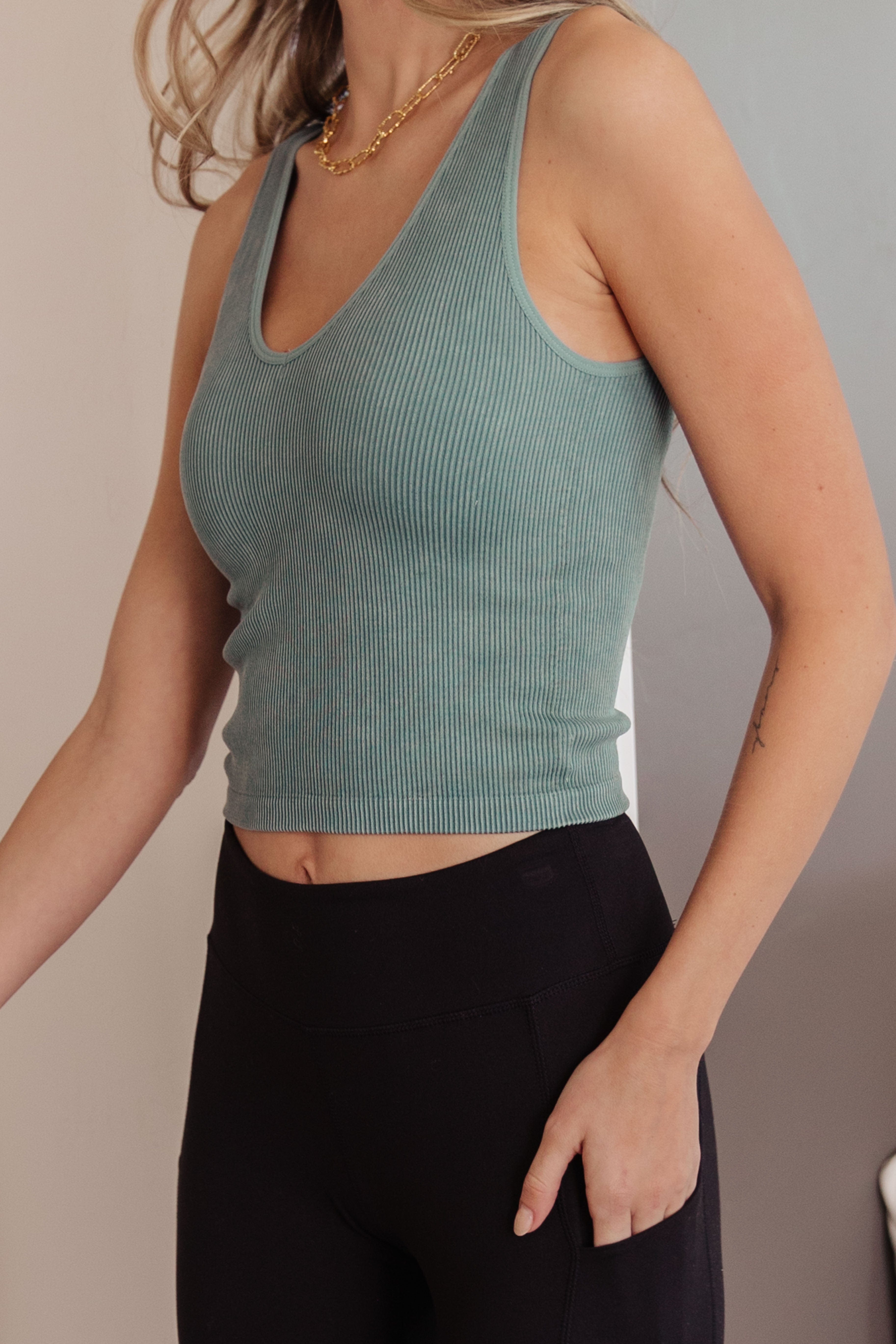 Fundamentals Ribbed Seamless Reversible Tank in Vintage Blue-Womens-Stay Foxy Boutique, Florissant, Missouri