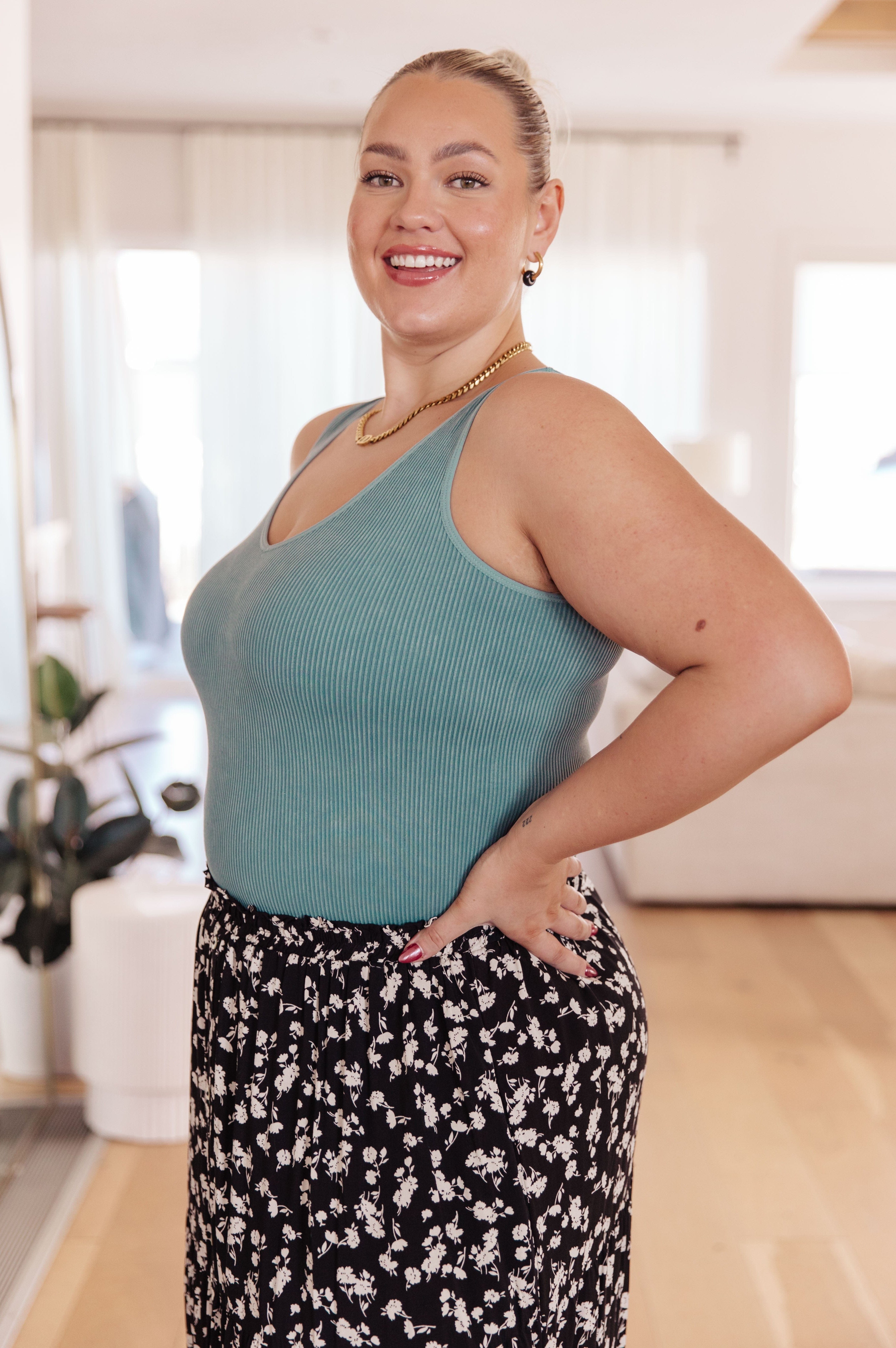 Fundamentals Ribbed Seamless Reversible Tank in Vintage Blue-Womens-Stay Foxy Boutique, Florissant, Missouri