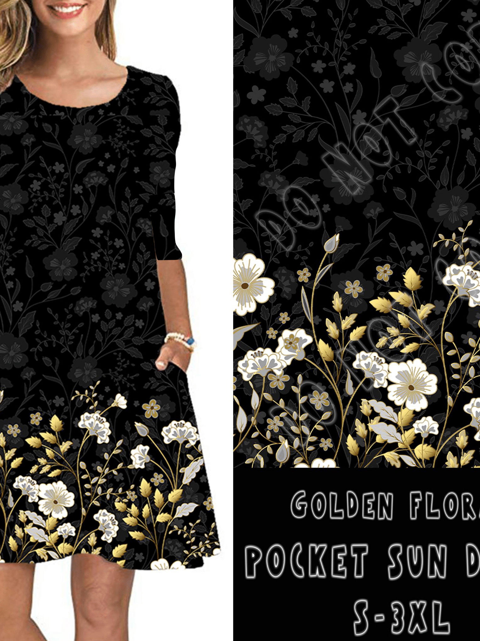 3/4 SLEEVE POCKET DRESS- GOLDEN DRIPPED FLORAL POCKET DRESS-Stay Foxy Boutique, Florissant, Missouri