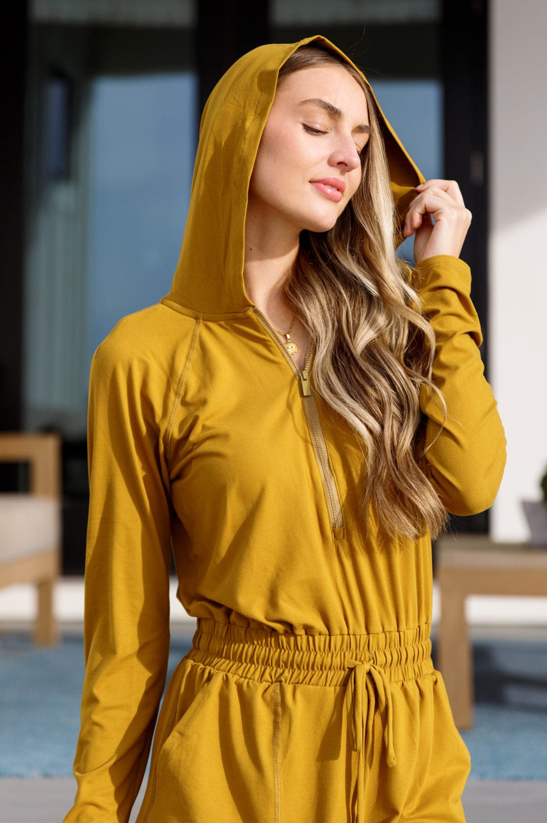 Getting Out Long Sleeve Hoodie Romper Gold Spice-Athleisure-Stay Foxy Boutique, Florissant, Missouri