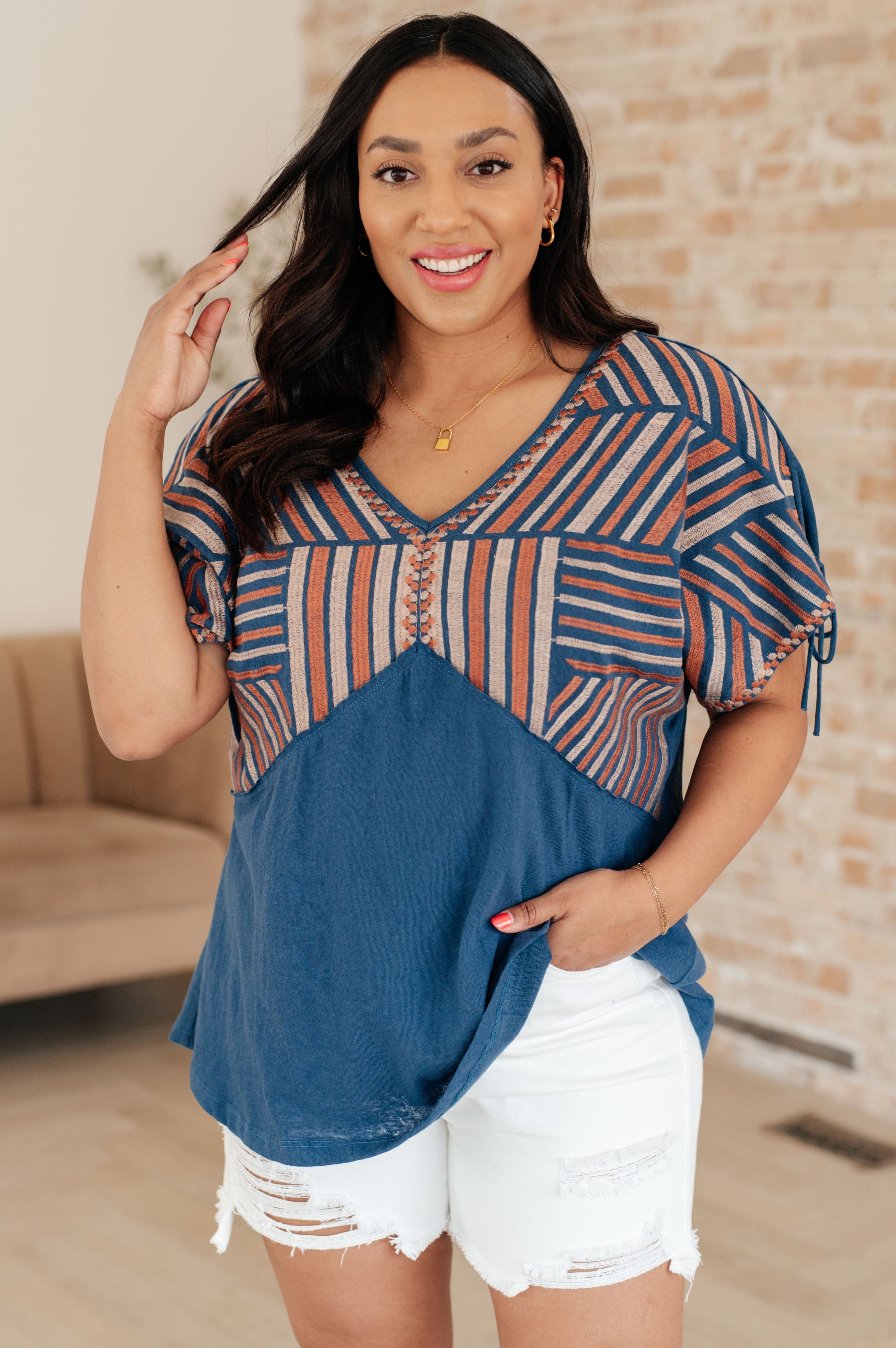 Greece Lightning V-Neck Blouse-Tops-Stay Foxy Boutique, Florissant, Missouri