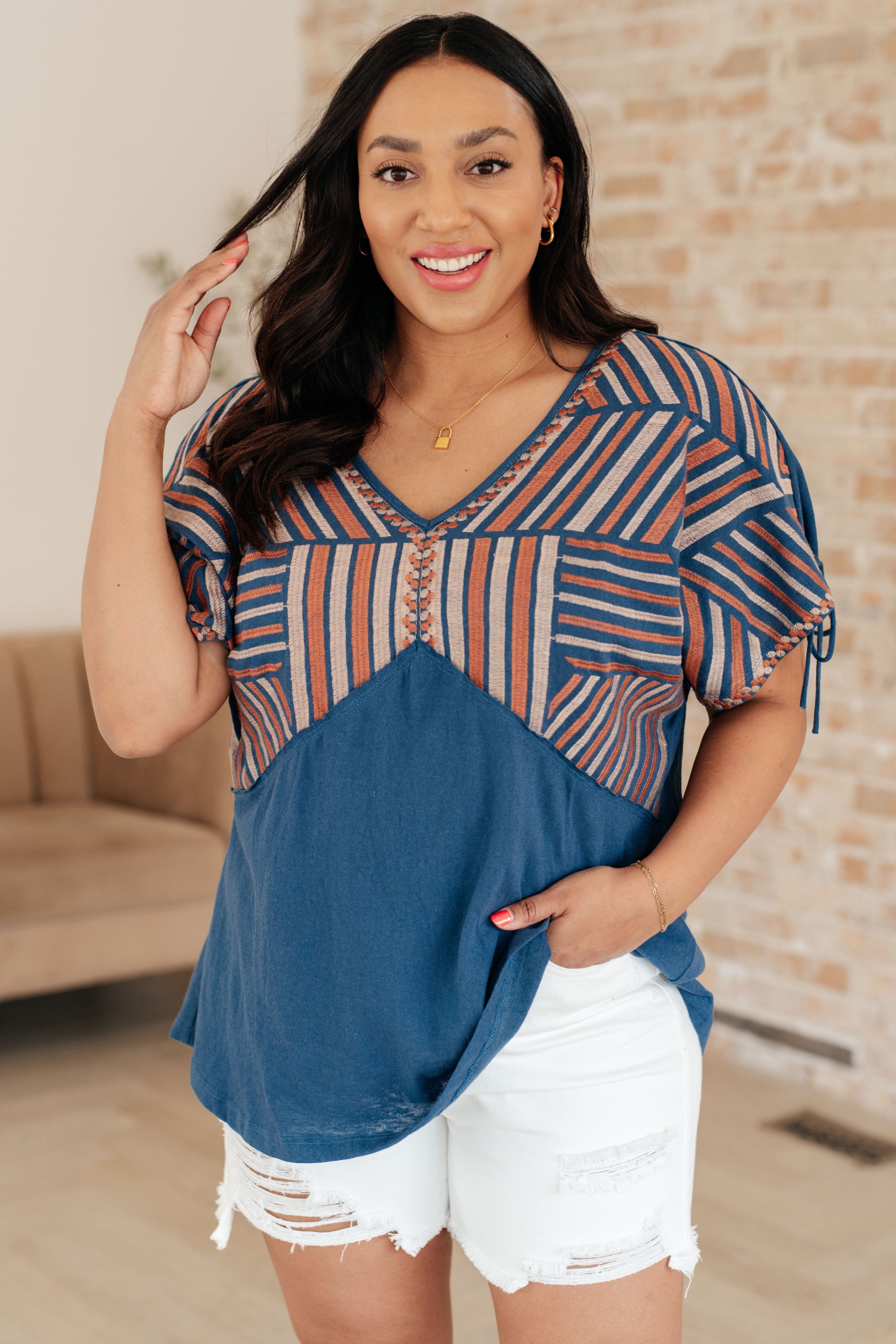 Greece Lightning V-Neck Blouse-Tops-Stay Foxy Boutique, Florissant, Missouri