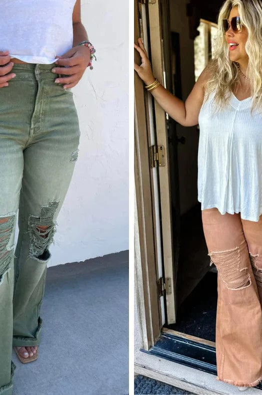 PREORDER: Blakeley Distressed Jeans In Olive and Camel-Womens-Stay Foxy Boutique, Florissant, Missouri