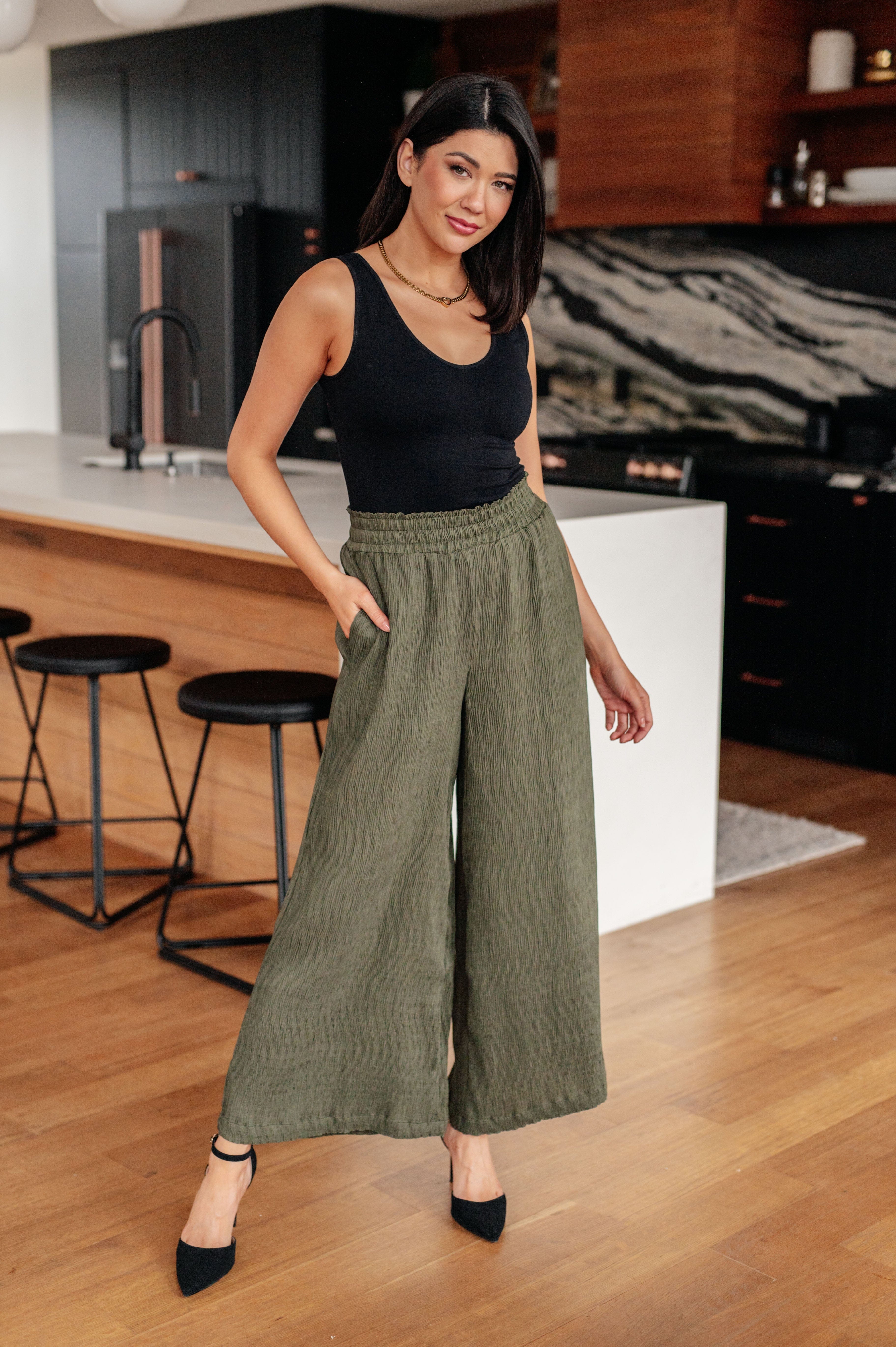 Harmony High Rise Wide Pants in Olive-Womens-Stay Foxy Boutique, Florissant, Missouri