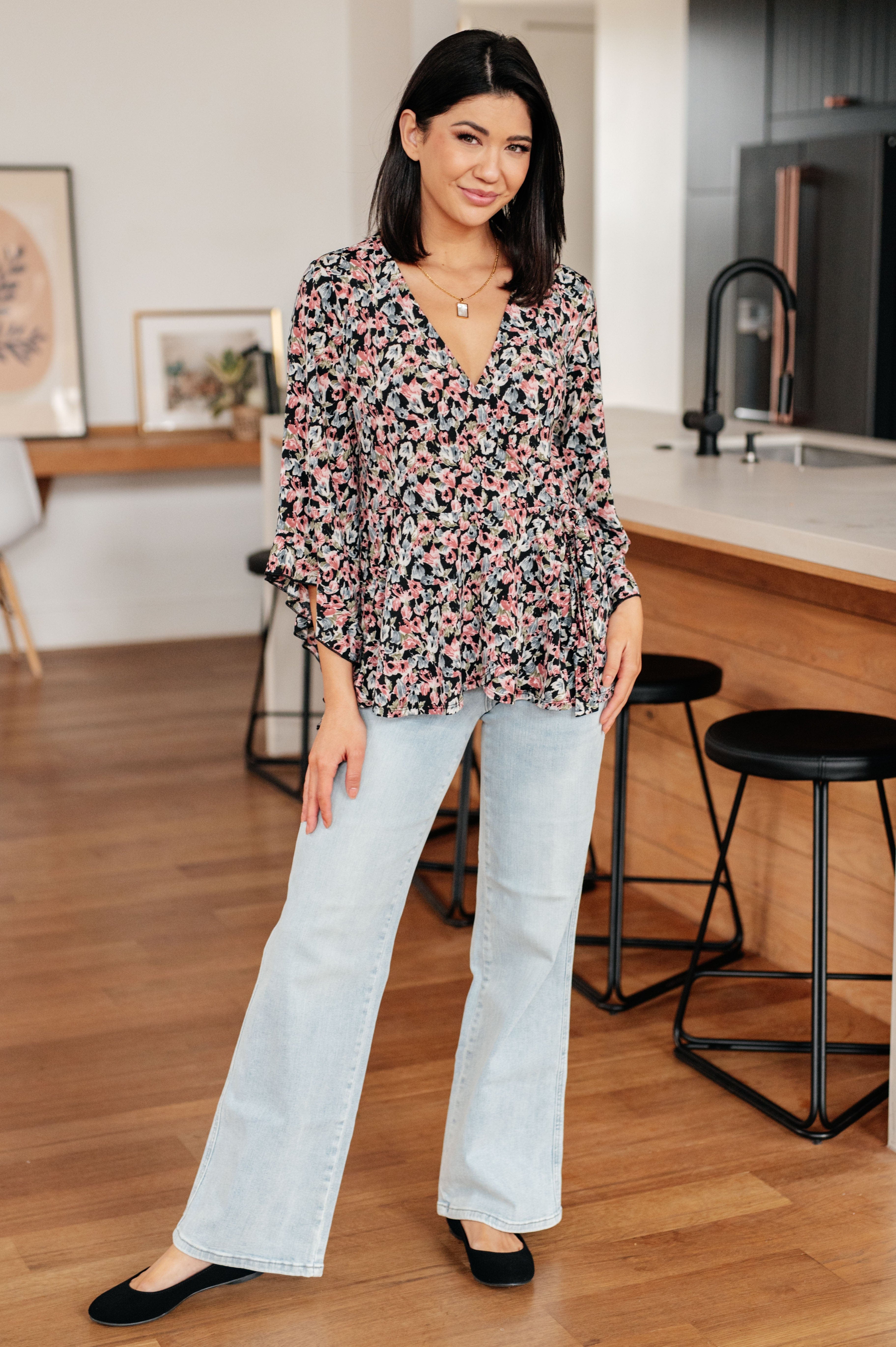 Have It All Angel Sleeve Top in Black Floral-Womens-Stay Foxy Boutique, Florissant, Missouri