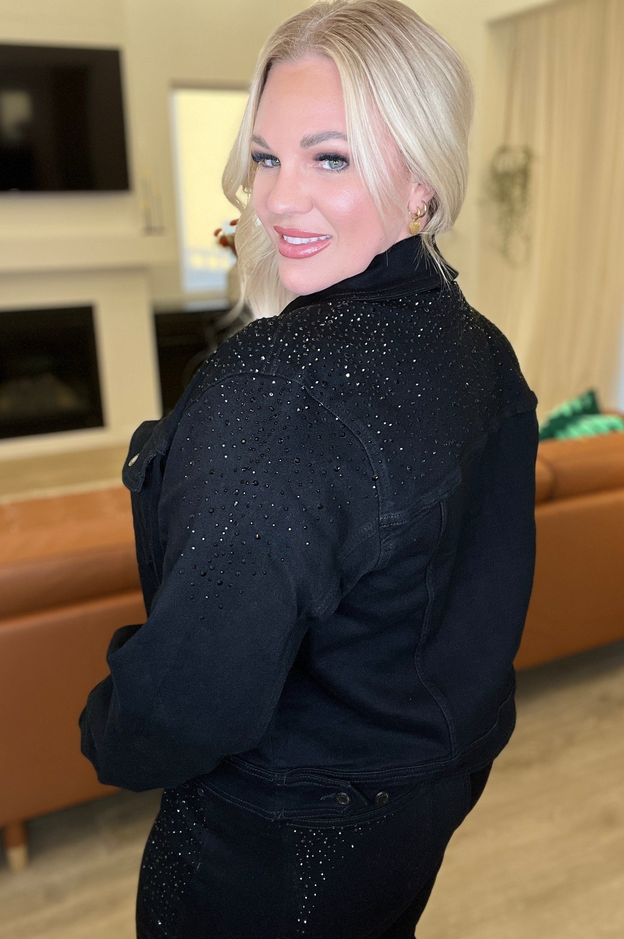 Reese Rhinestone Denim Jacket in Black-Womens-Stay Foxy Boutique, Florissant, Missouri