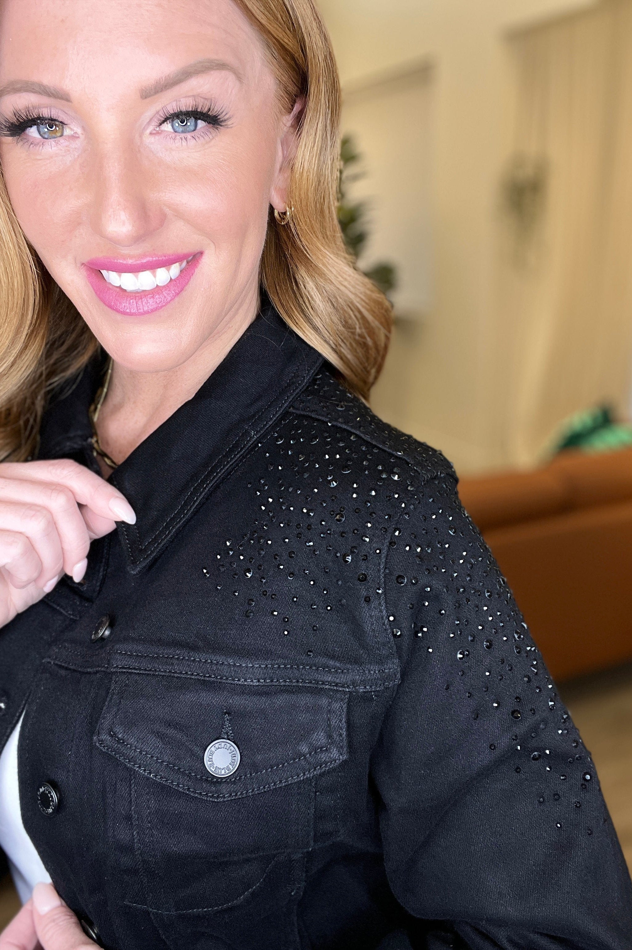 Reese Rhinestone Denim Jacket in Black-Womens-Stay Foxy Boutique, Florissant, Missouri