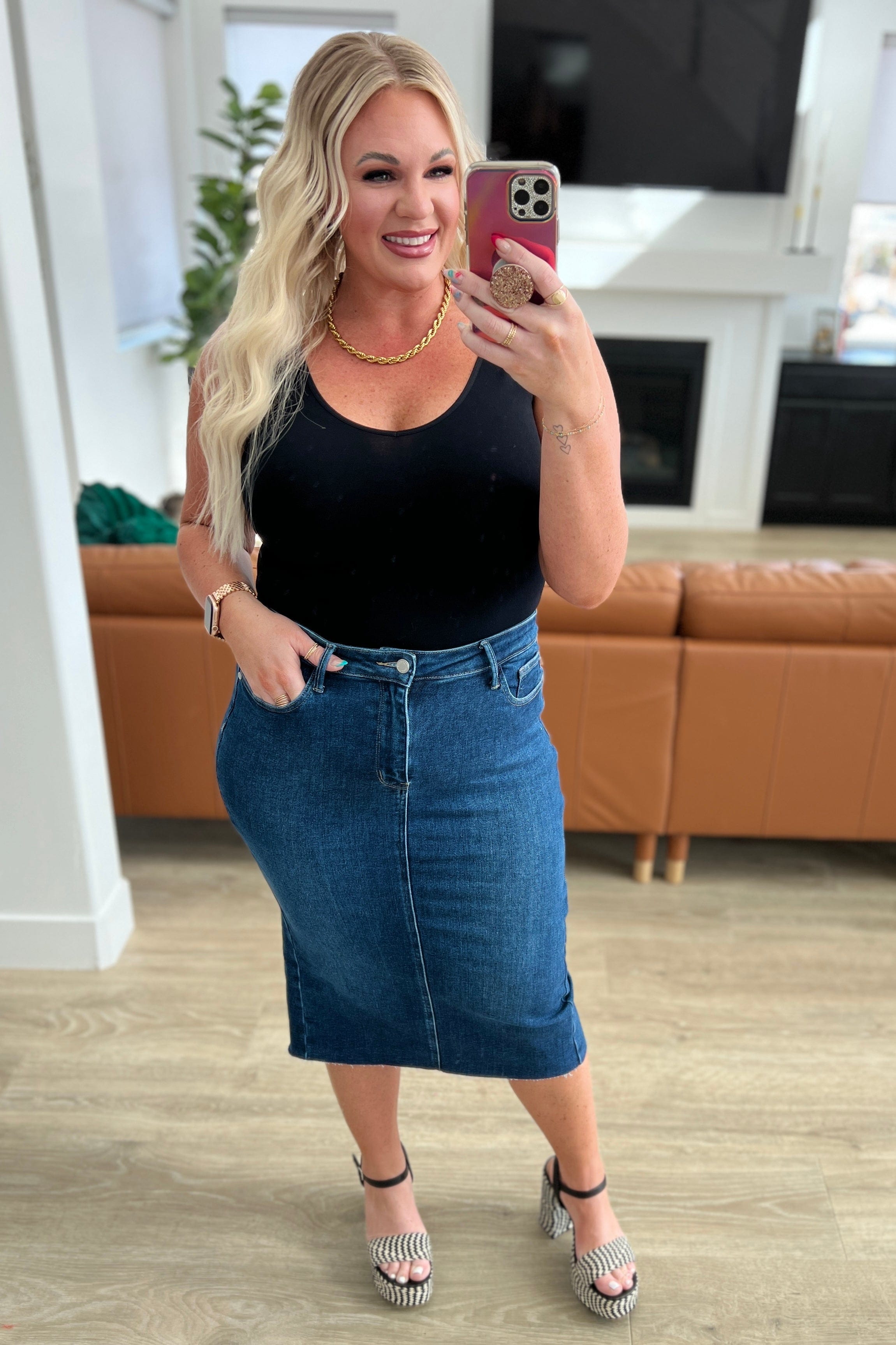 Marcy High Rise Denim Midi Skirt-Womens-Stay Foxy Boutique, Florissant, Missouri