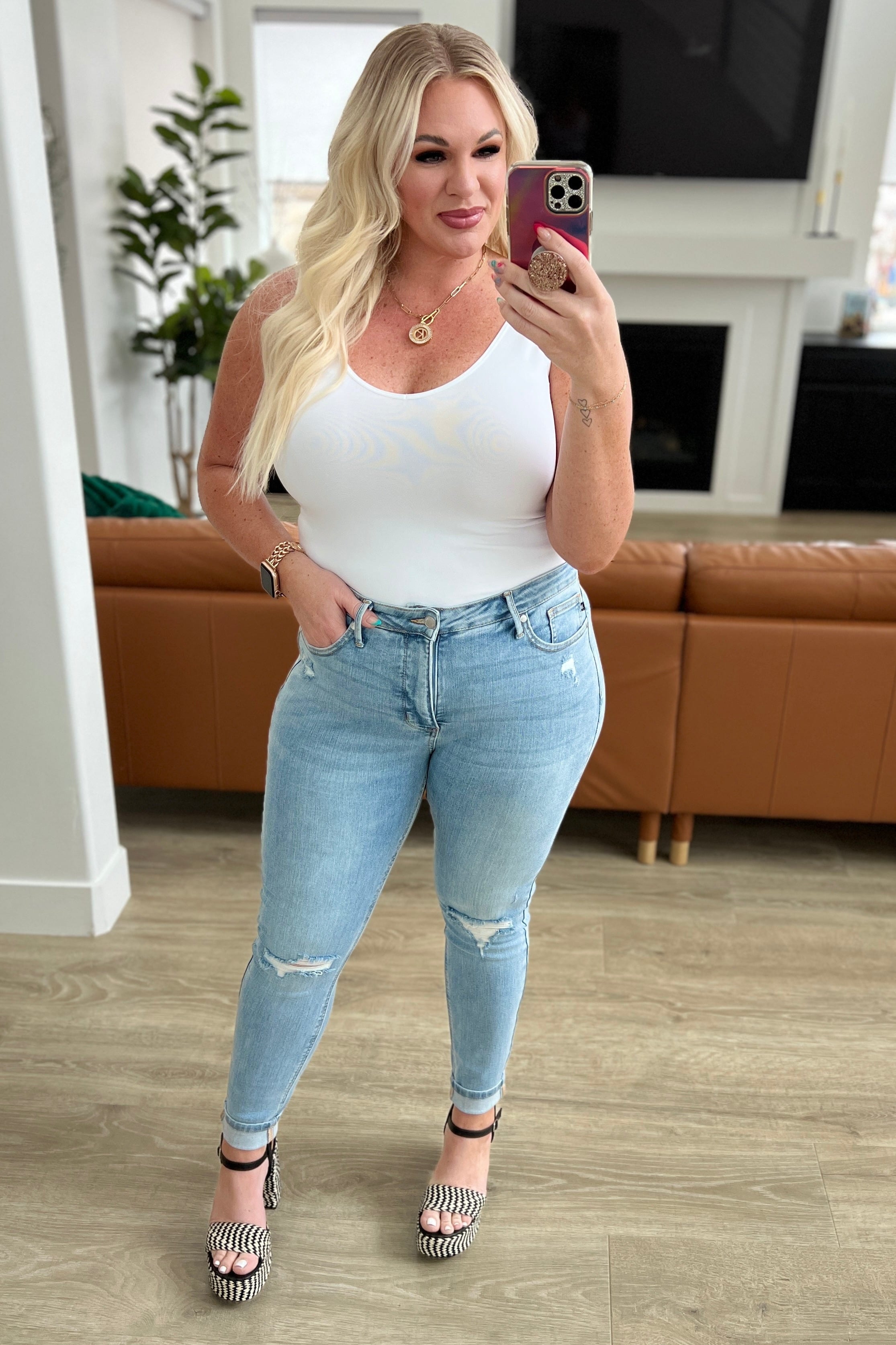 Eloise Mid Rise Control Top Distressed Skinny Jeans-Womens-Stay Foxy Boutique, Florissant, Missouri