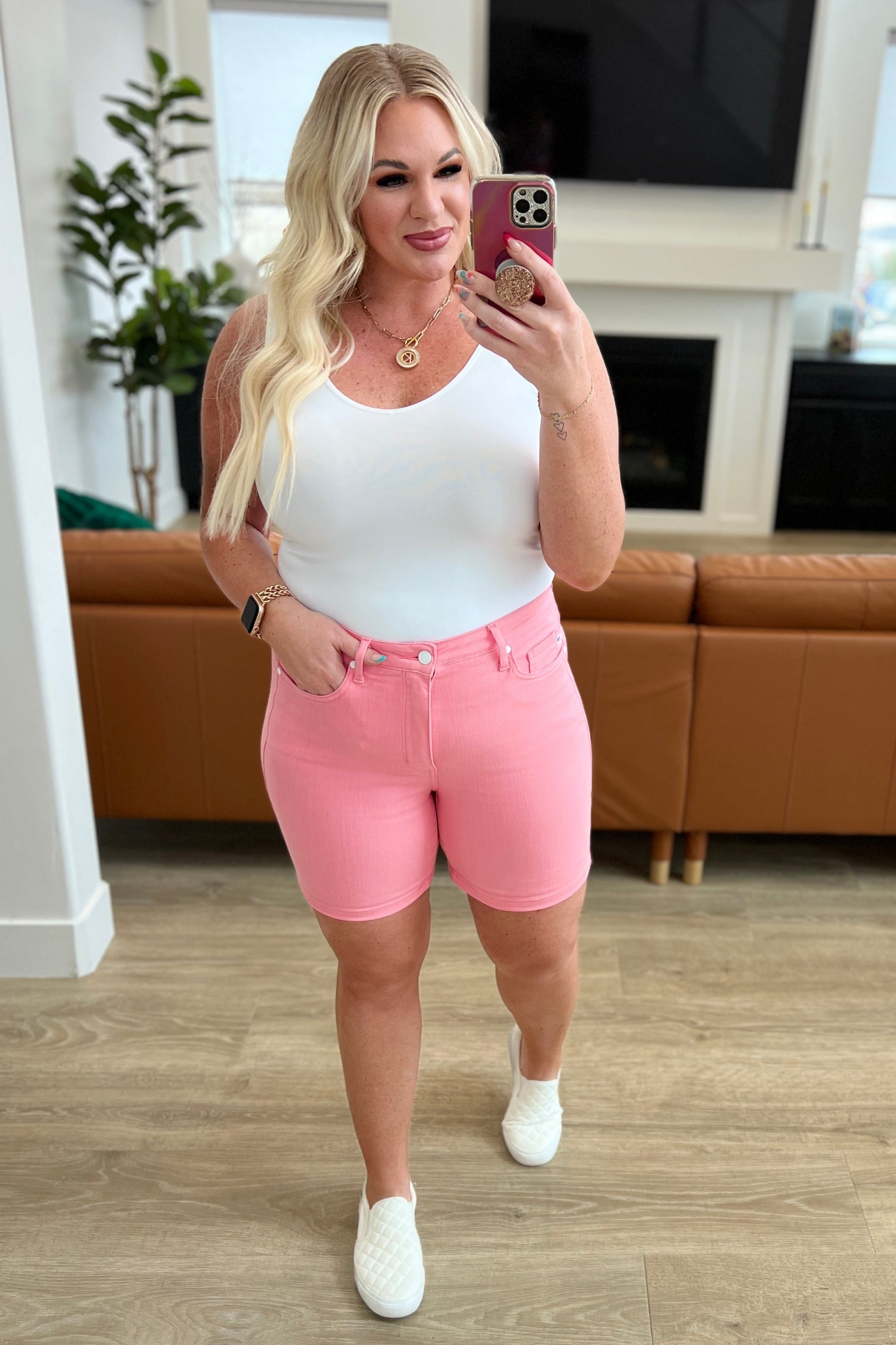 Jenna High Rise Control Top Cuffed Shorts in Pink-Womens-Stay Foxy Boutique, Florissant, Missouri