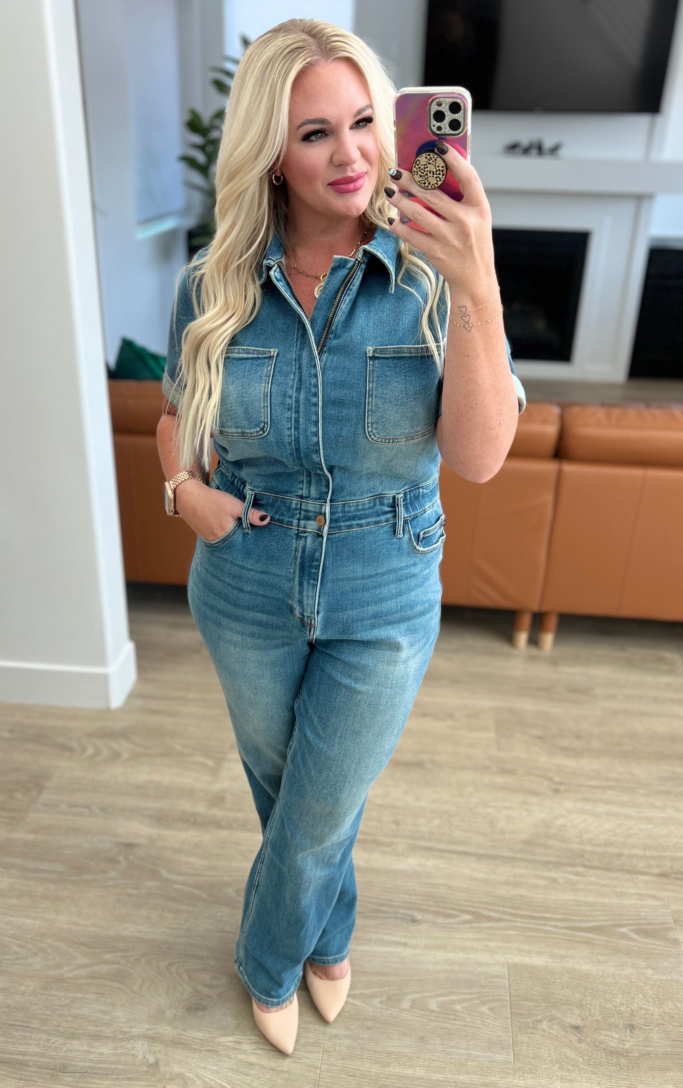 Sylvia Short Sleeve Denim Jumpsuit-Womens-Stay Foxy Boutique, Florissant, Missouri