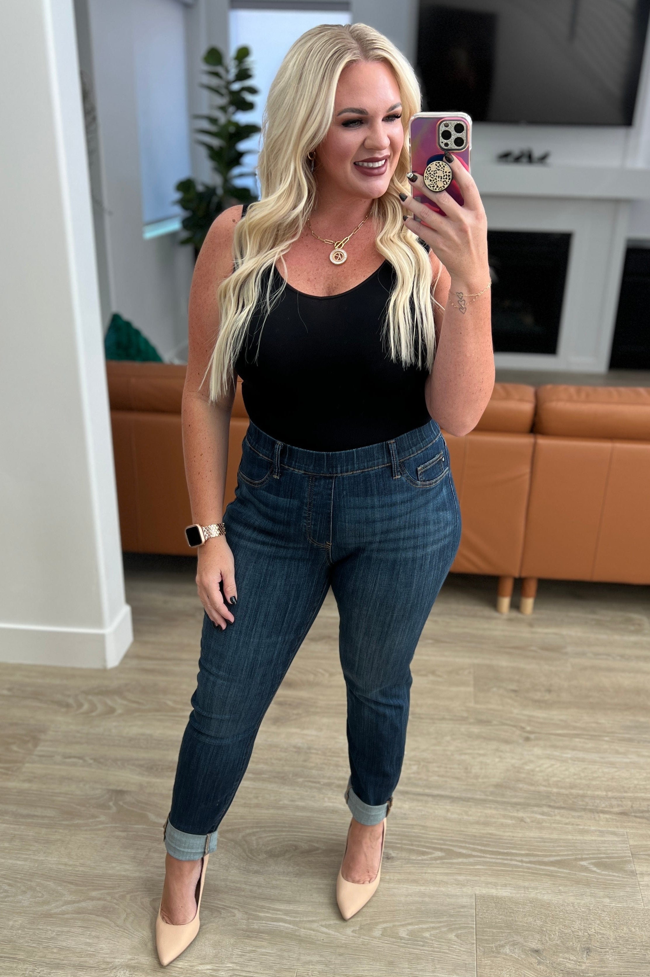 Rowena High Rise Pull On Double Cuff Slim Jeans-Womens-Stay Foxy Boutique, Florissant, Missouri