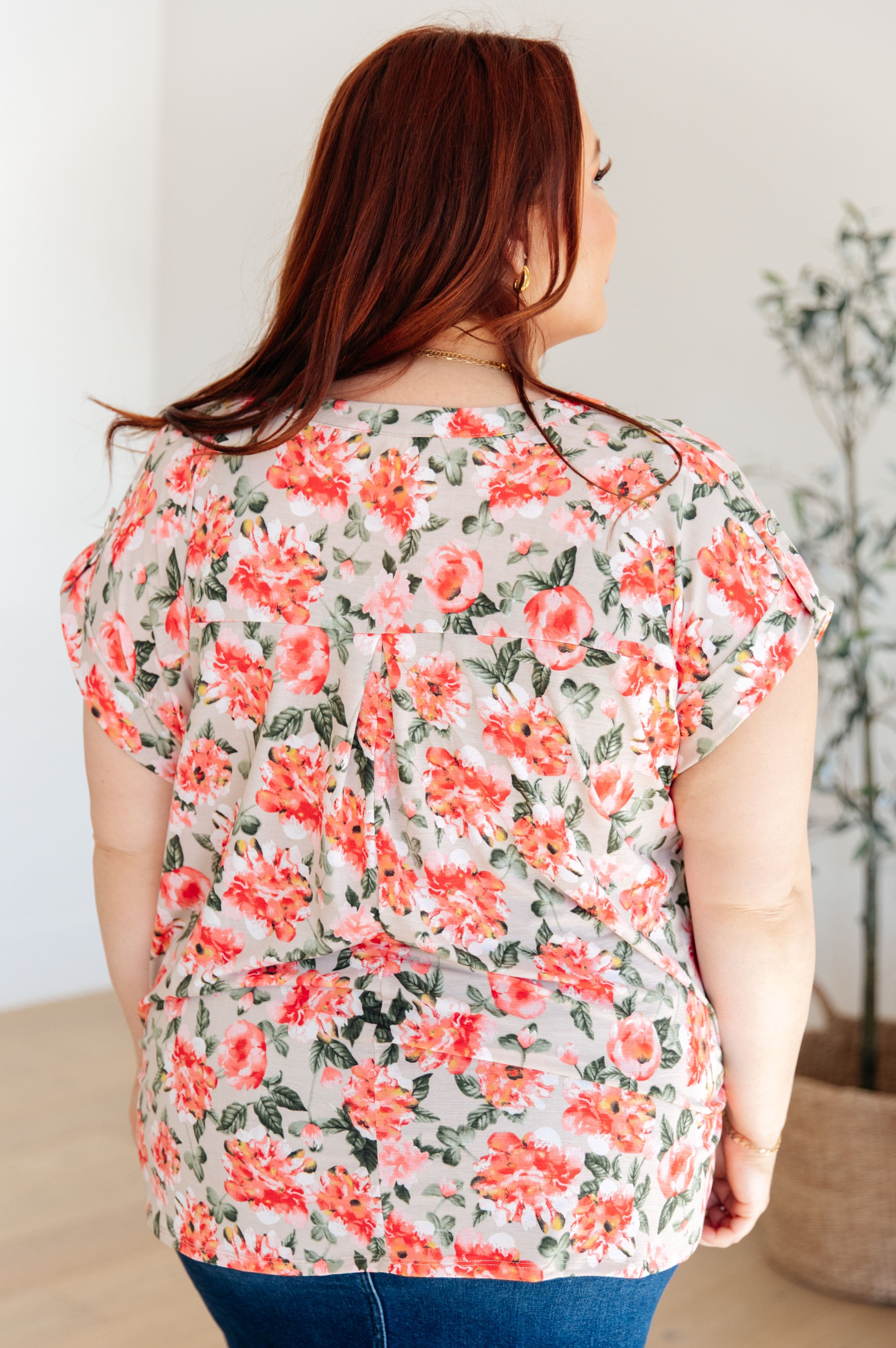 Lizzy Cap Sleeve Top in Coral and Beige Floral-Womens-Stay Foxy Boutique, Florissant, Missouri