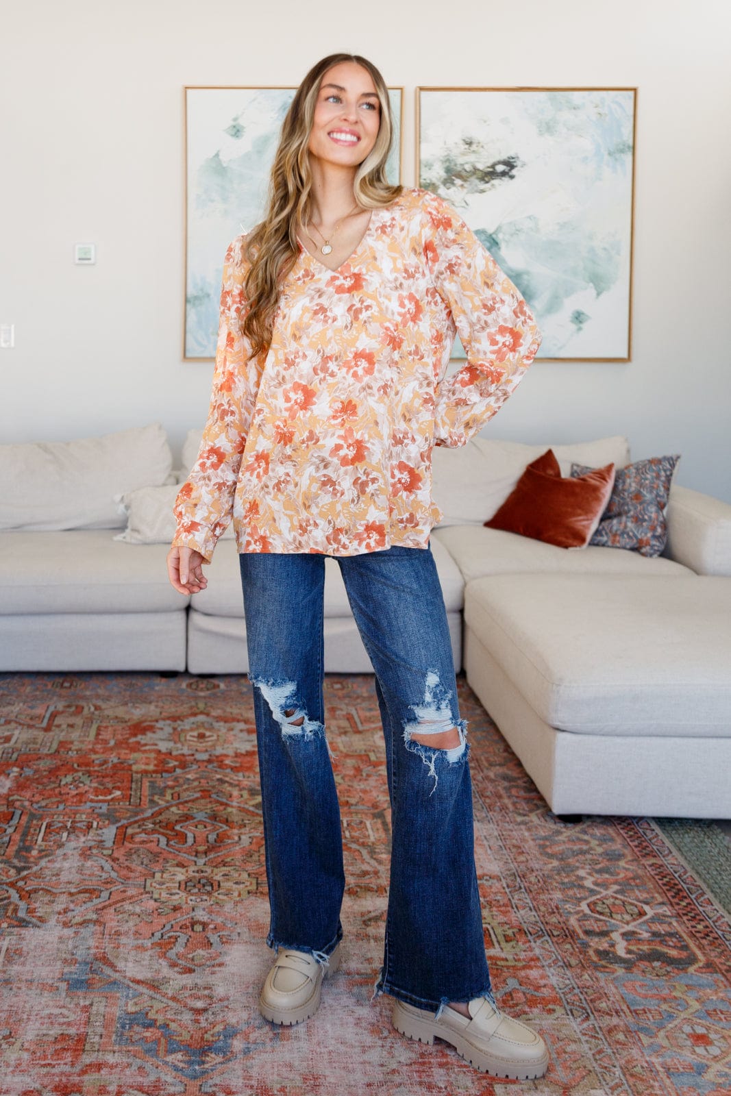 Marigold Dreams Floral Blouse-Tops-Stay Foxy Boutique, Florissant, Missouri