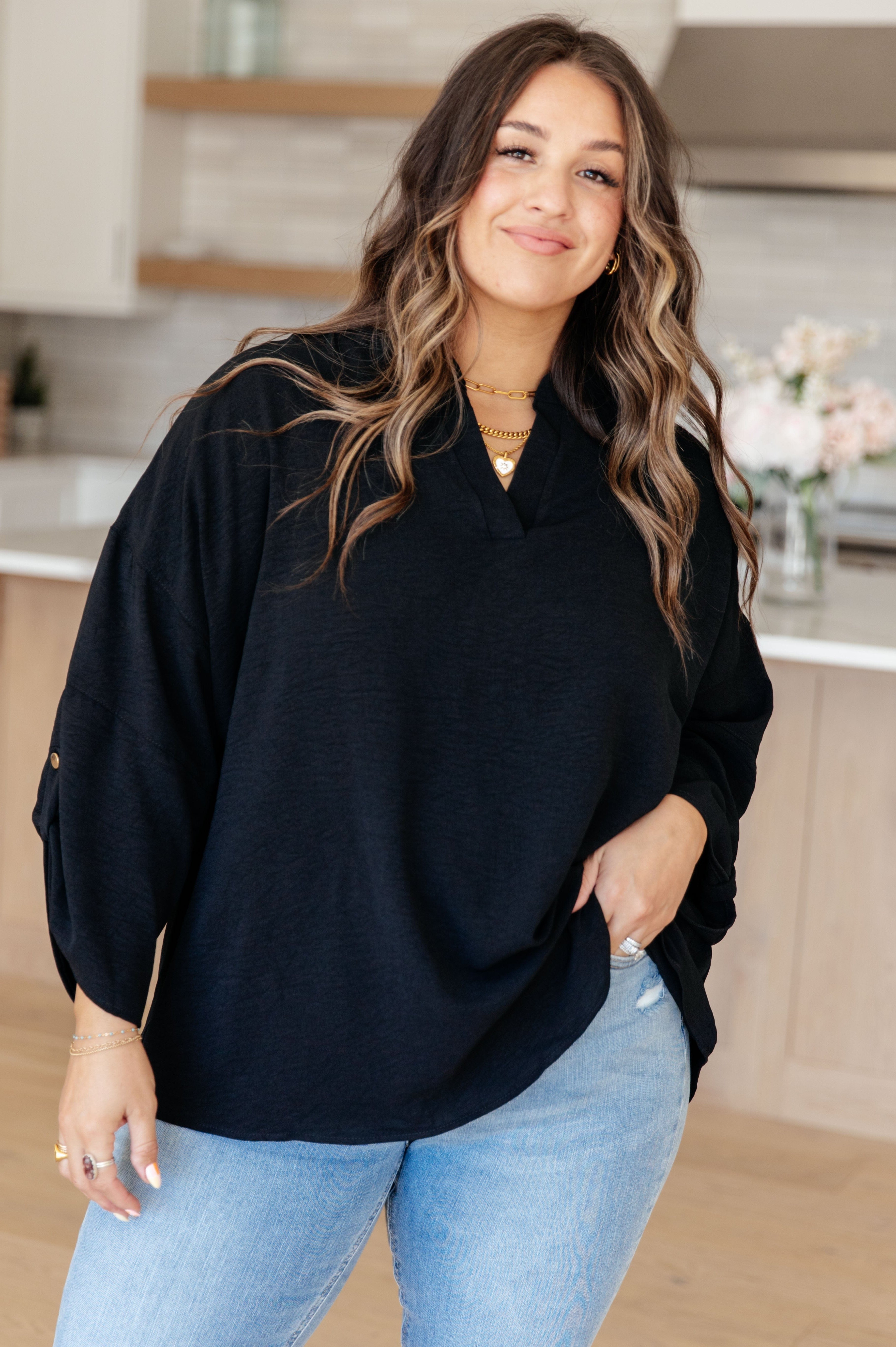 Midnight In Manhattan V-Neck Blouse-Womens-Stay Foxy Boutique, Florissant, Missouri