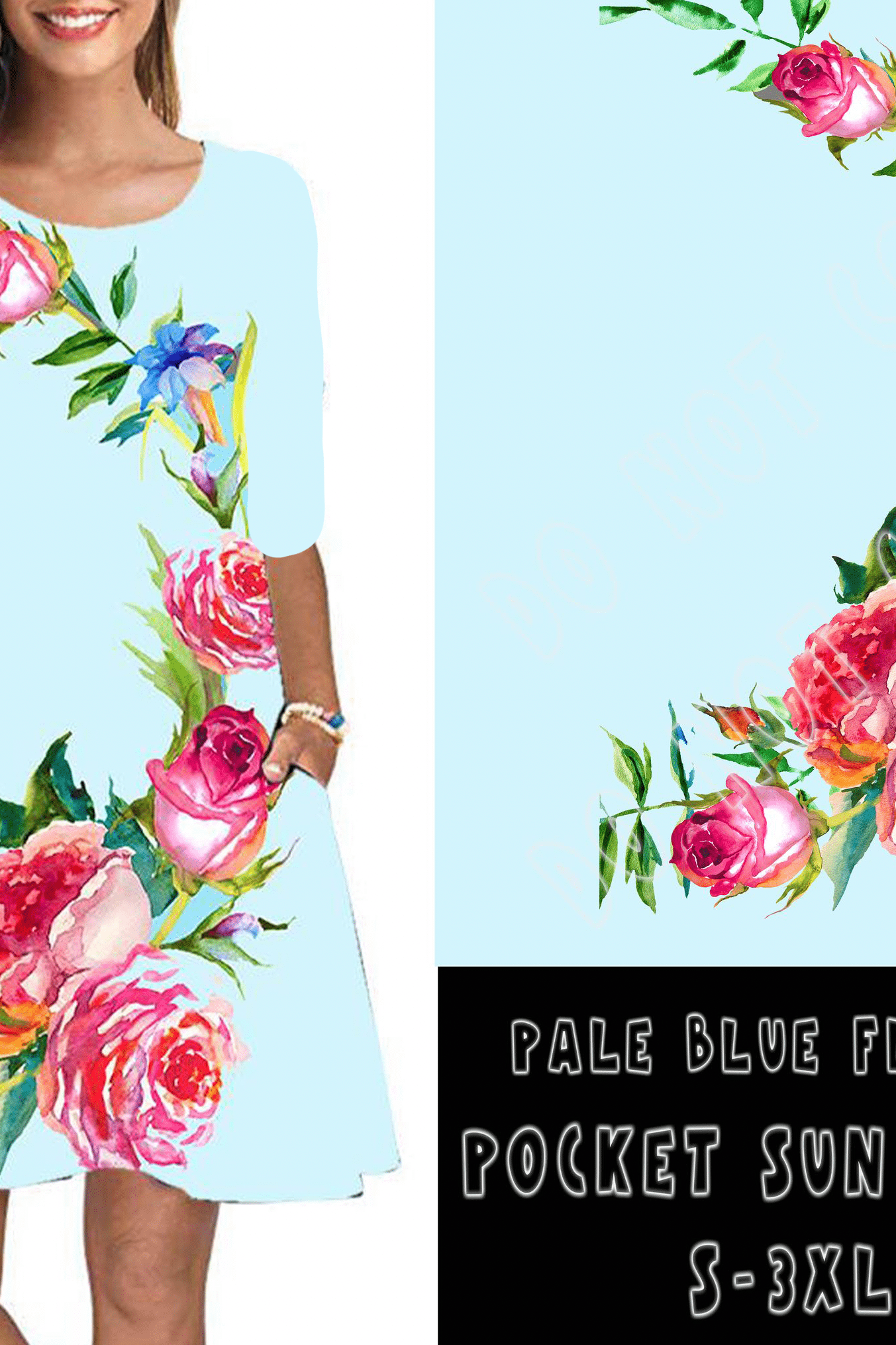 3/4 SLEEVE POCKET DRESS- PALE BLUE FLORAL POCKET DRESS-Stay Foxy Boutique, Florissant, Missouri