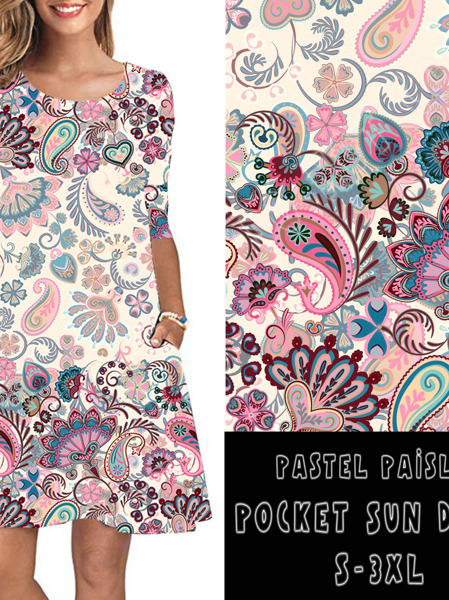 3/4 SLEEVE POCKET DRESS- PASTEL PAISLEY-Stay Foxy Boutique, Florissant, Missouri