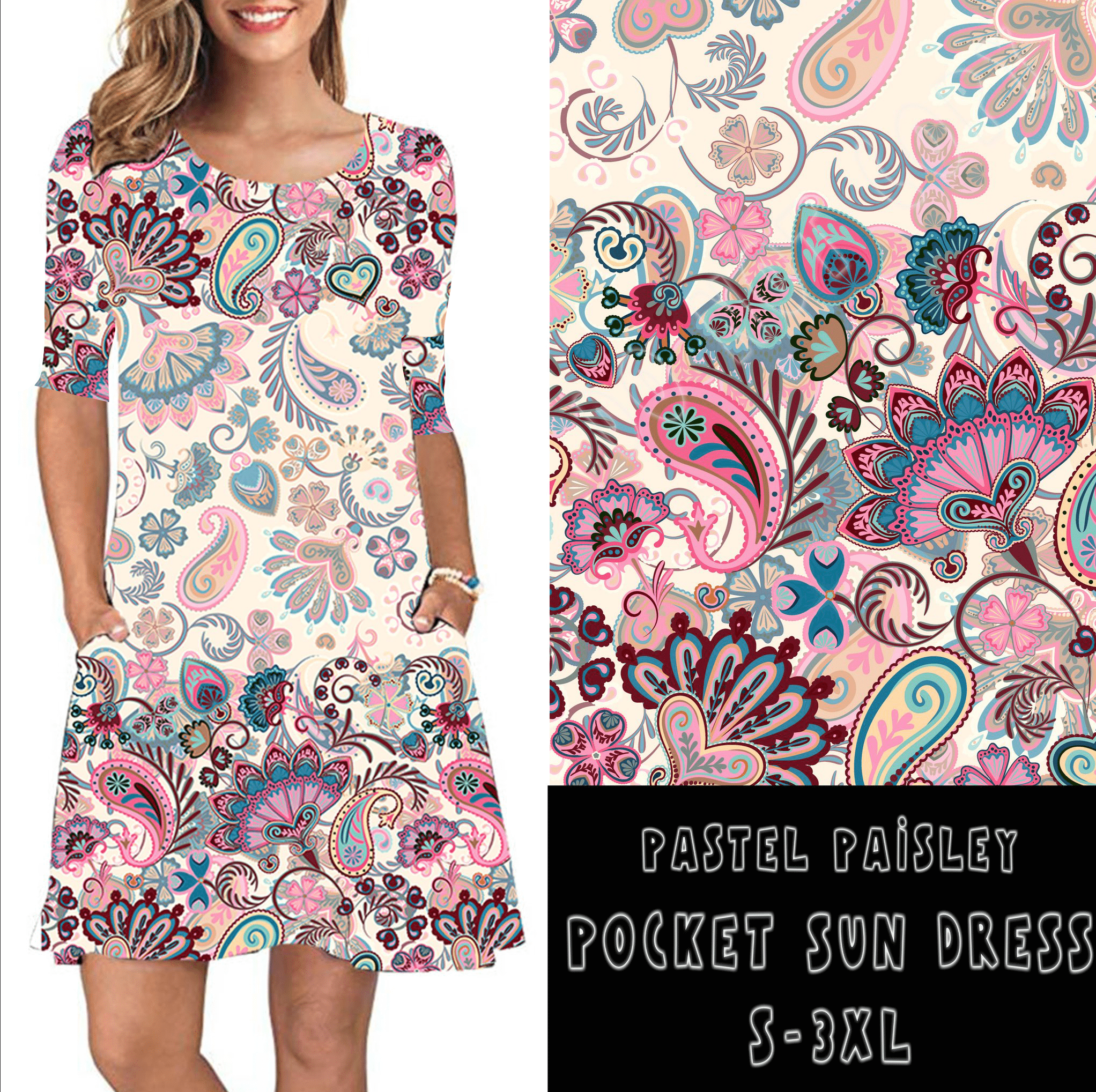 3/4 SLEEVE POCKET DRESS- PASTEL PAISLEY-Stay Foxy Boutique, Florissant, Missouri
