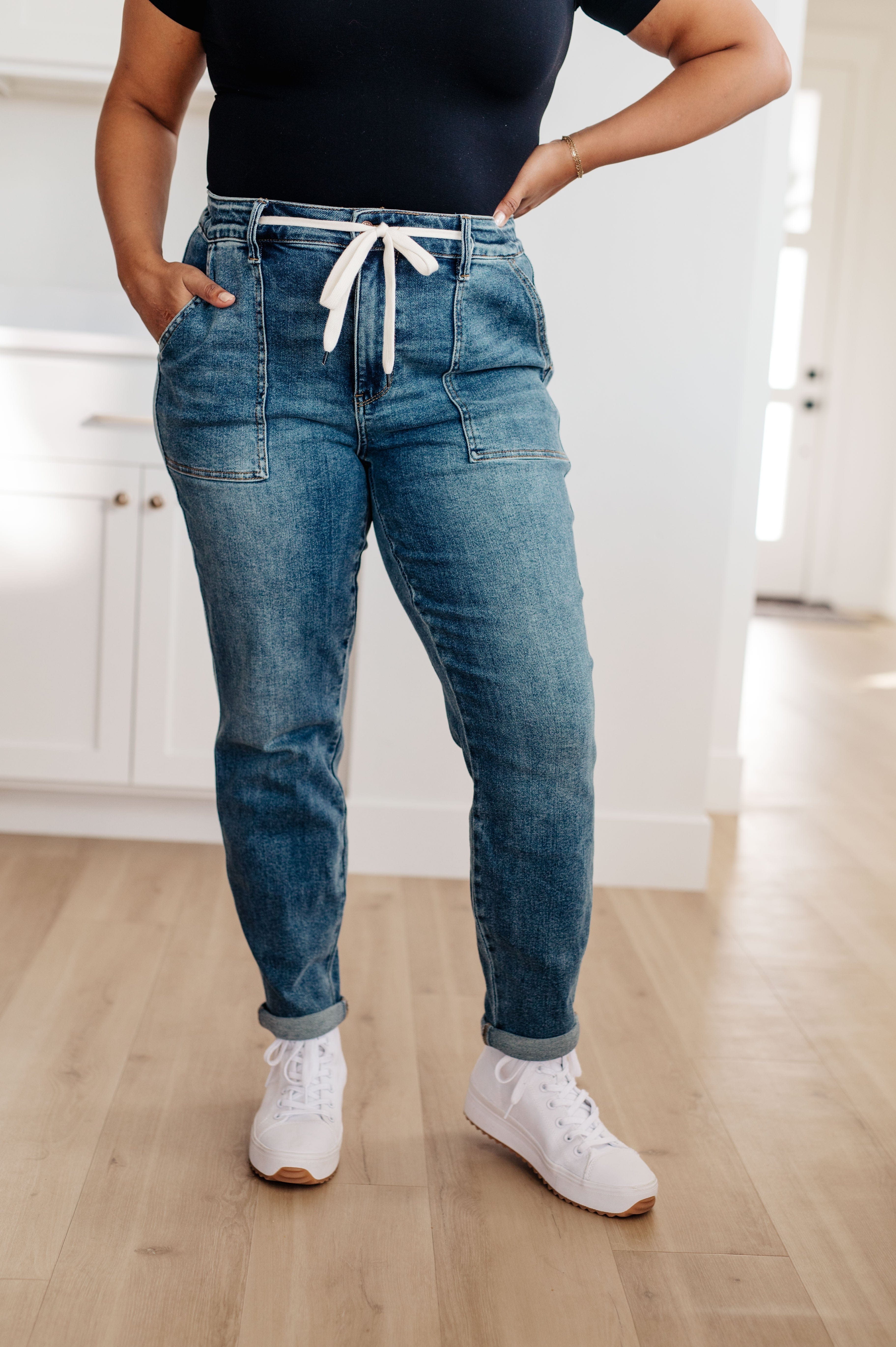 Payton Pull On Denim Joggers in Medium Wash-Womens-Stay Foxy Boutique, Florissant, Missouri