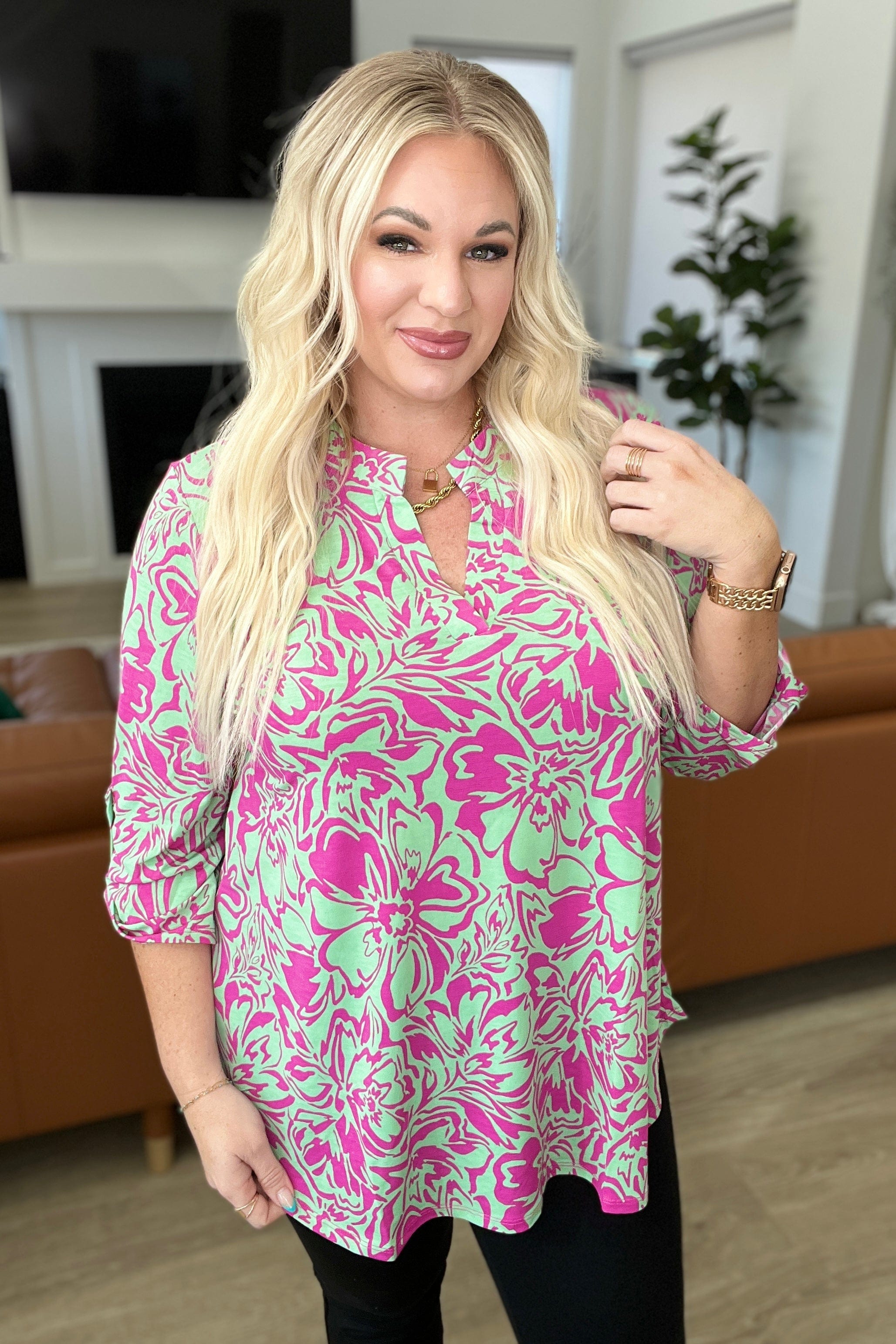 Lizzy Top in Emerald Pink Floral-Tops-Stay Foxy Boutique, Florissant, Missouri