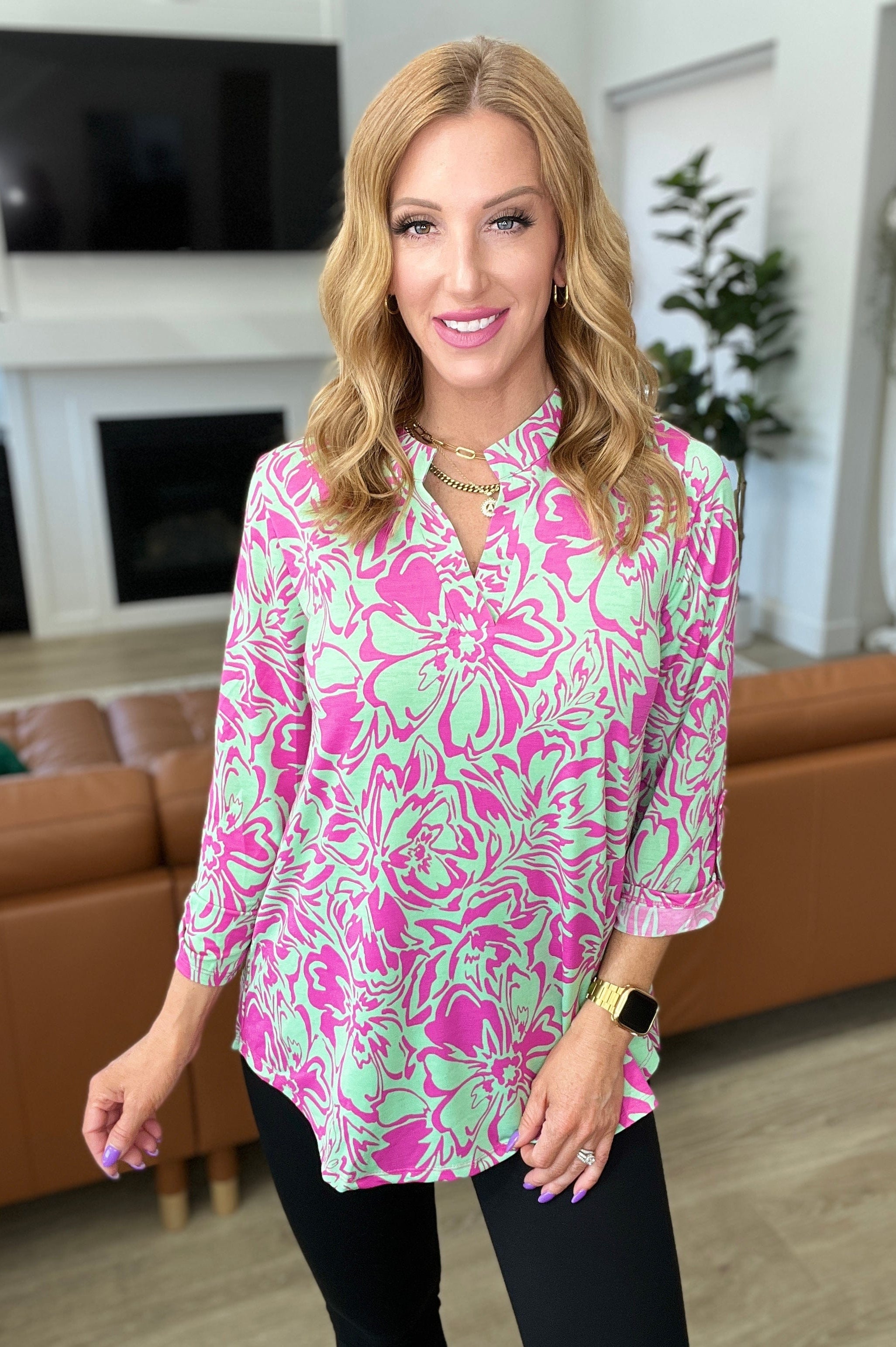 Lizzy Top in Emerald Pink Floral-Tops-Stay Foxy Boutique, Florissant, Missouri