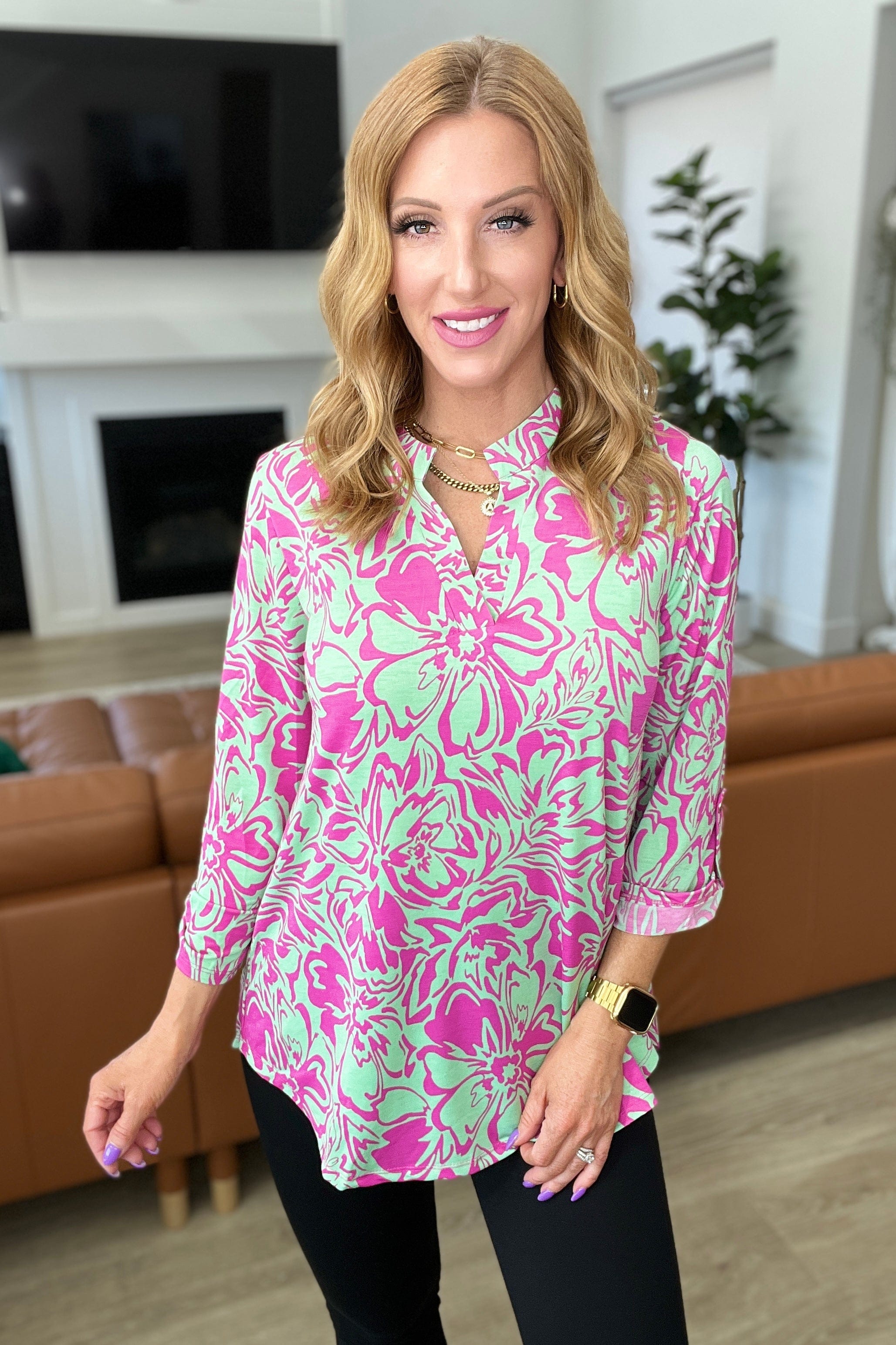 Lizzy Top in Emerald Pink Floral-Tops-Stay Foxy Boutique, Florissant, Missouri