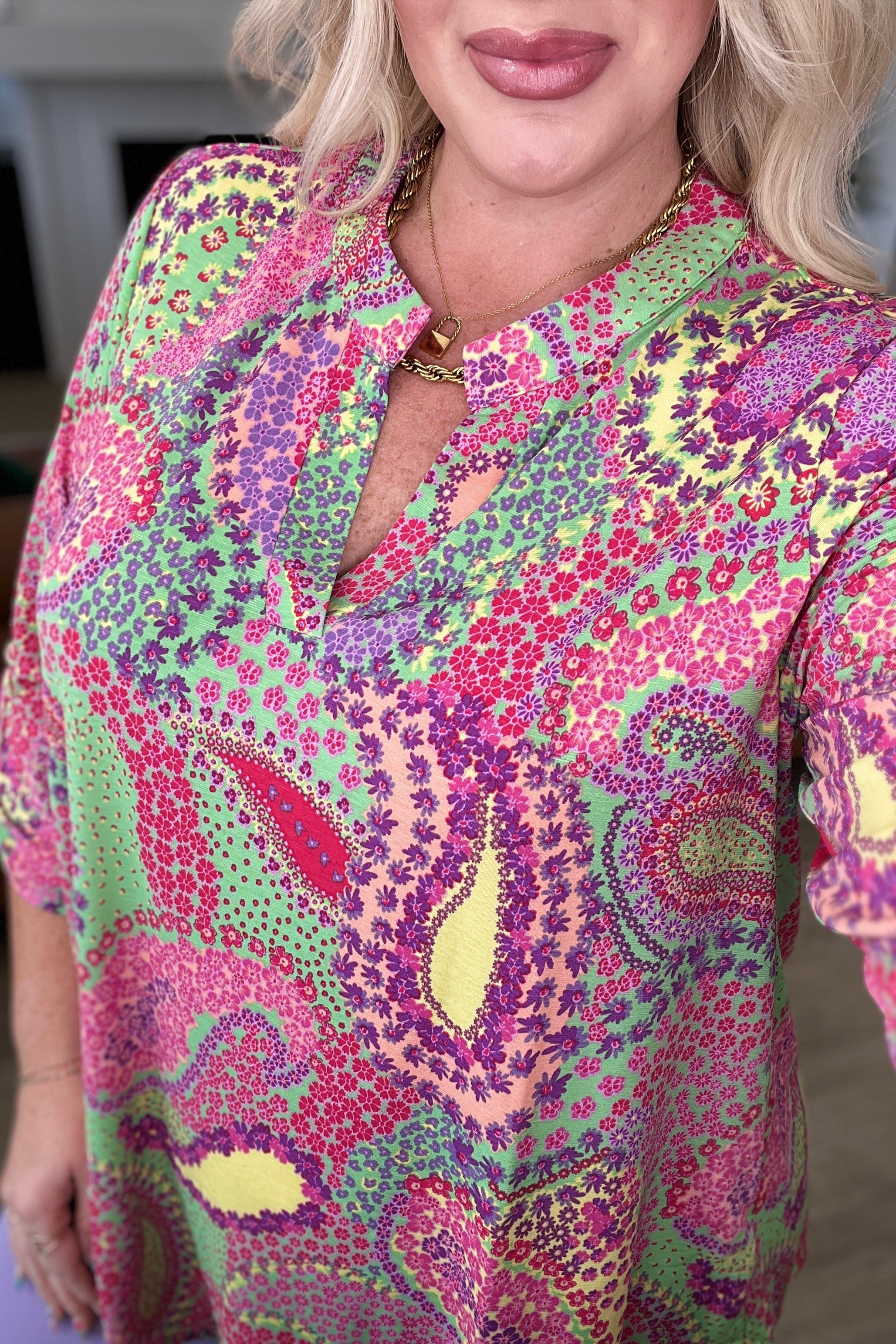 Lizzy Top in Green and Pink Paisley-Tops-Stay Foxy Boutique, Florissant, Missouri