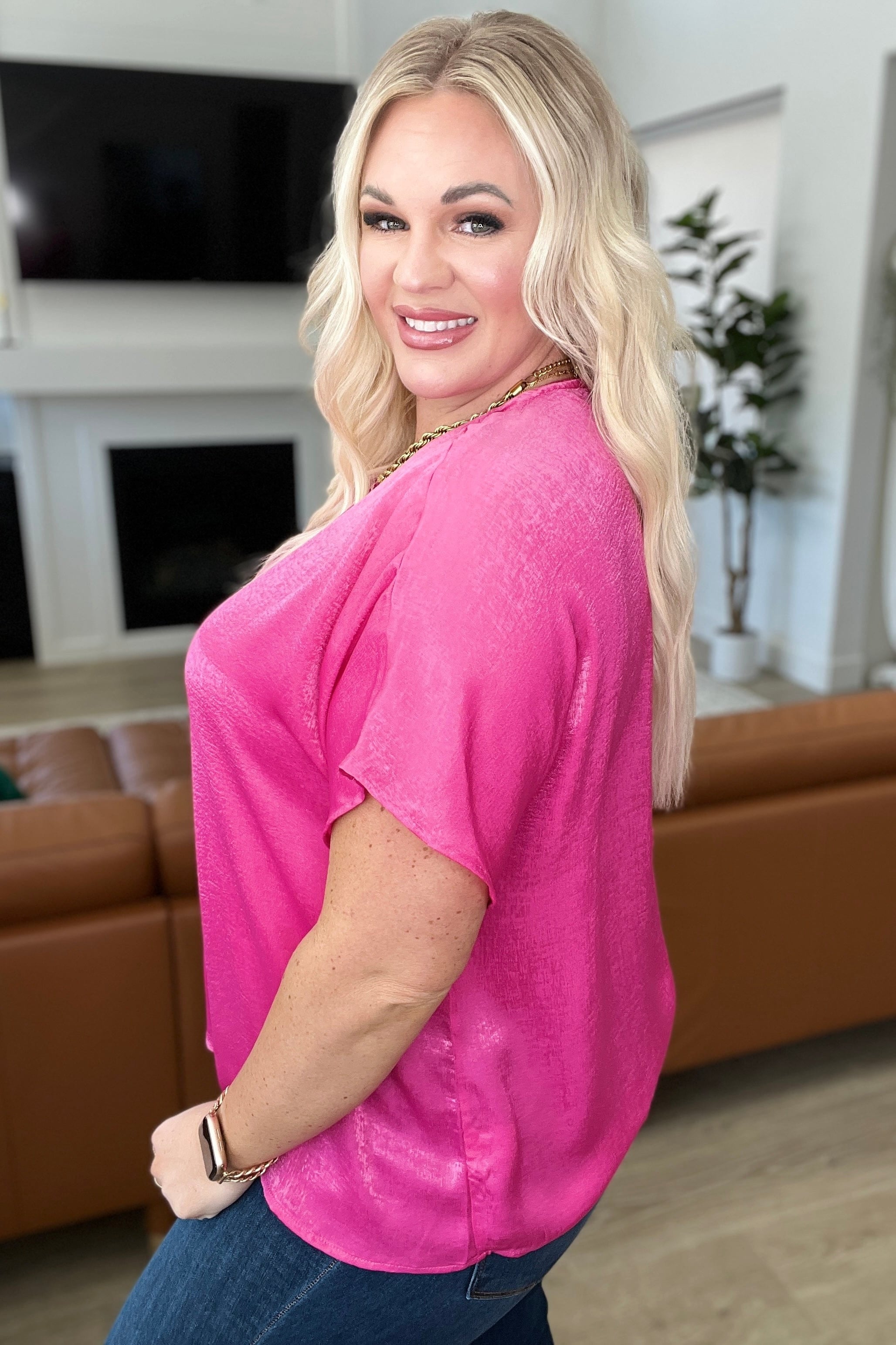 Pleat Front V-Neck Top in Hot Pink-Tops-Stay Foxy Boutique, Florissant, Missouri
