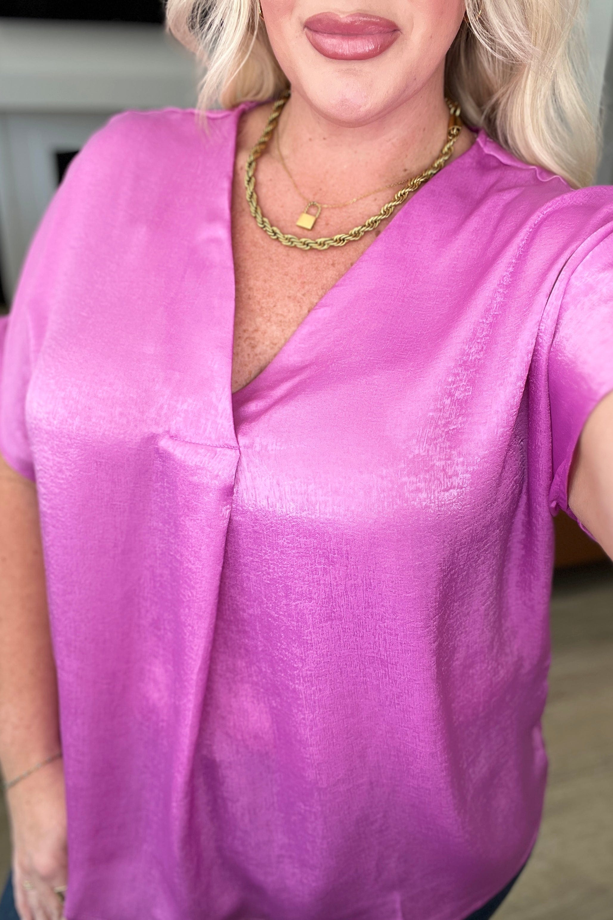 Pleat Front V-Neck Top in Spring Orchid-Tops-Stay Foxy Boutique, Florissant, Missouri
