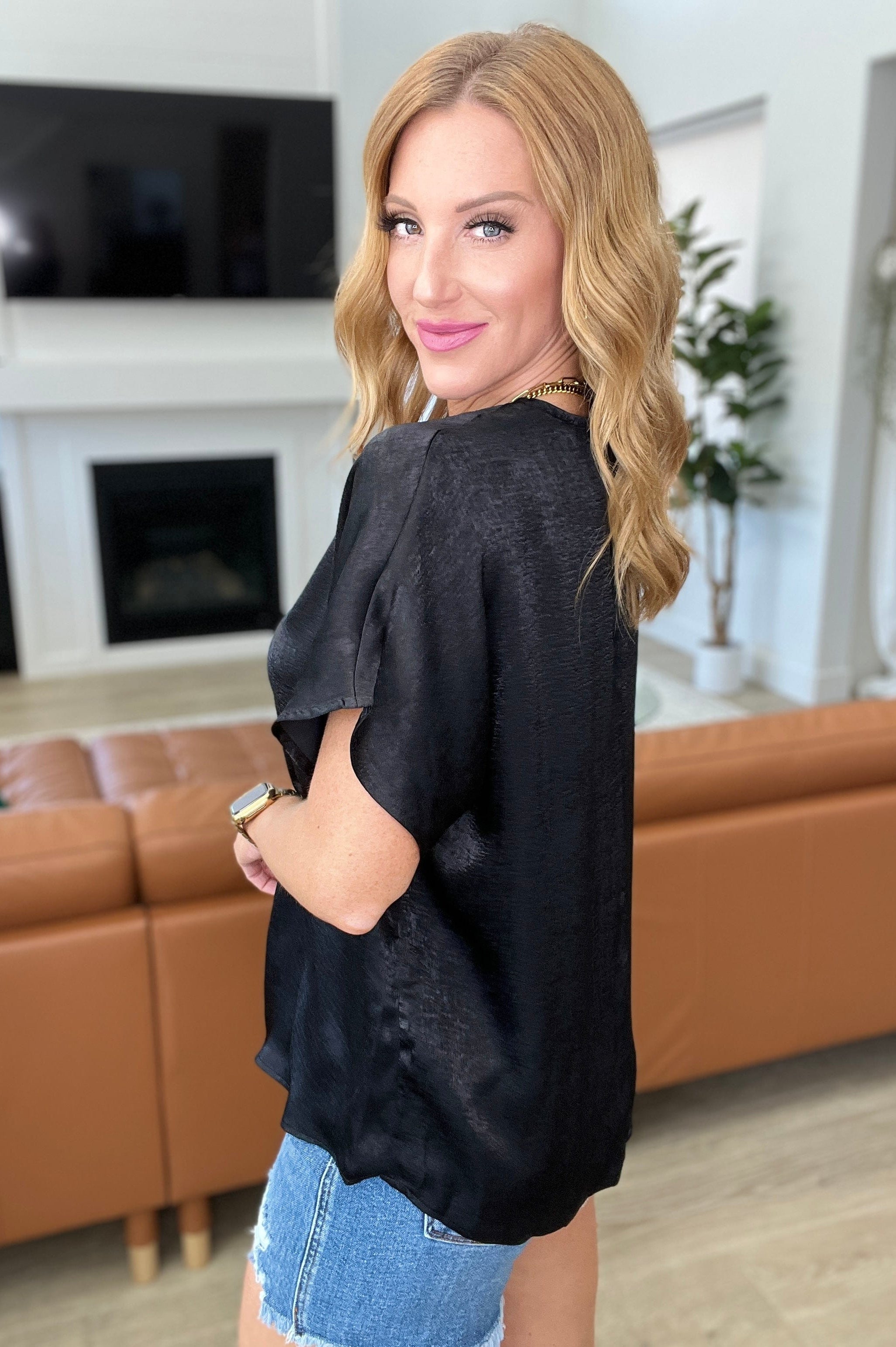 Pleat Front V-Neck Top in Black-Tops-Stay Foxy Boutique, Florissant, Missouri