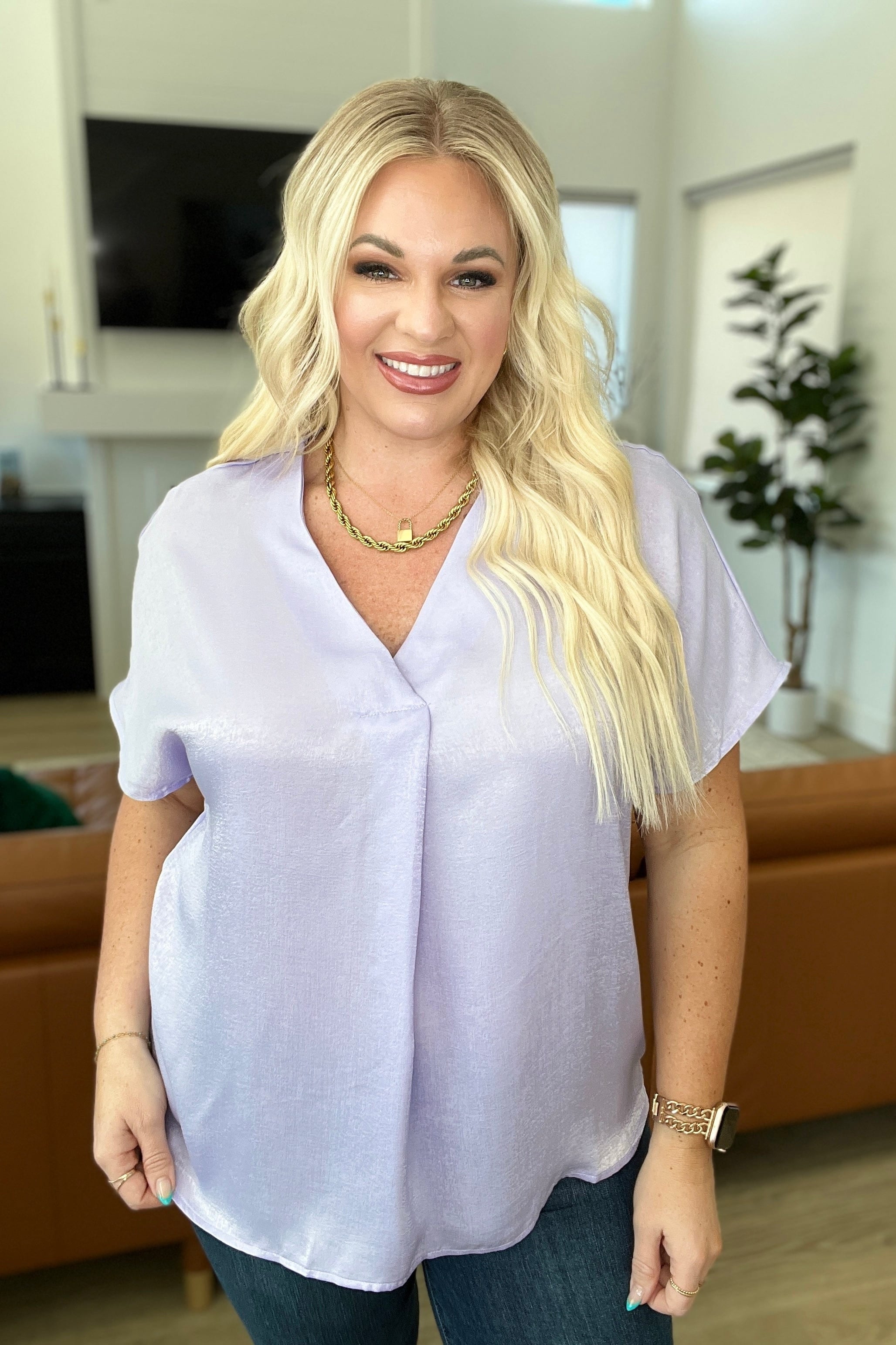 Pleat Front V-Neck Top in Lavender-Tops-Stay Foxy Boutique, Florissant, Missouri