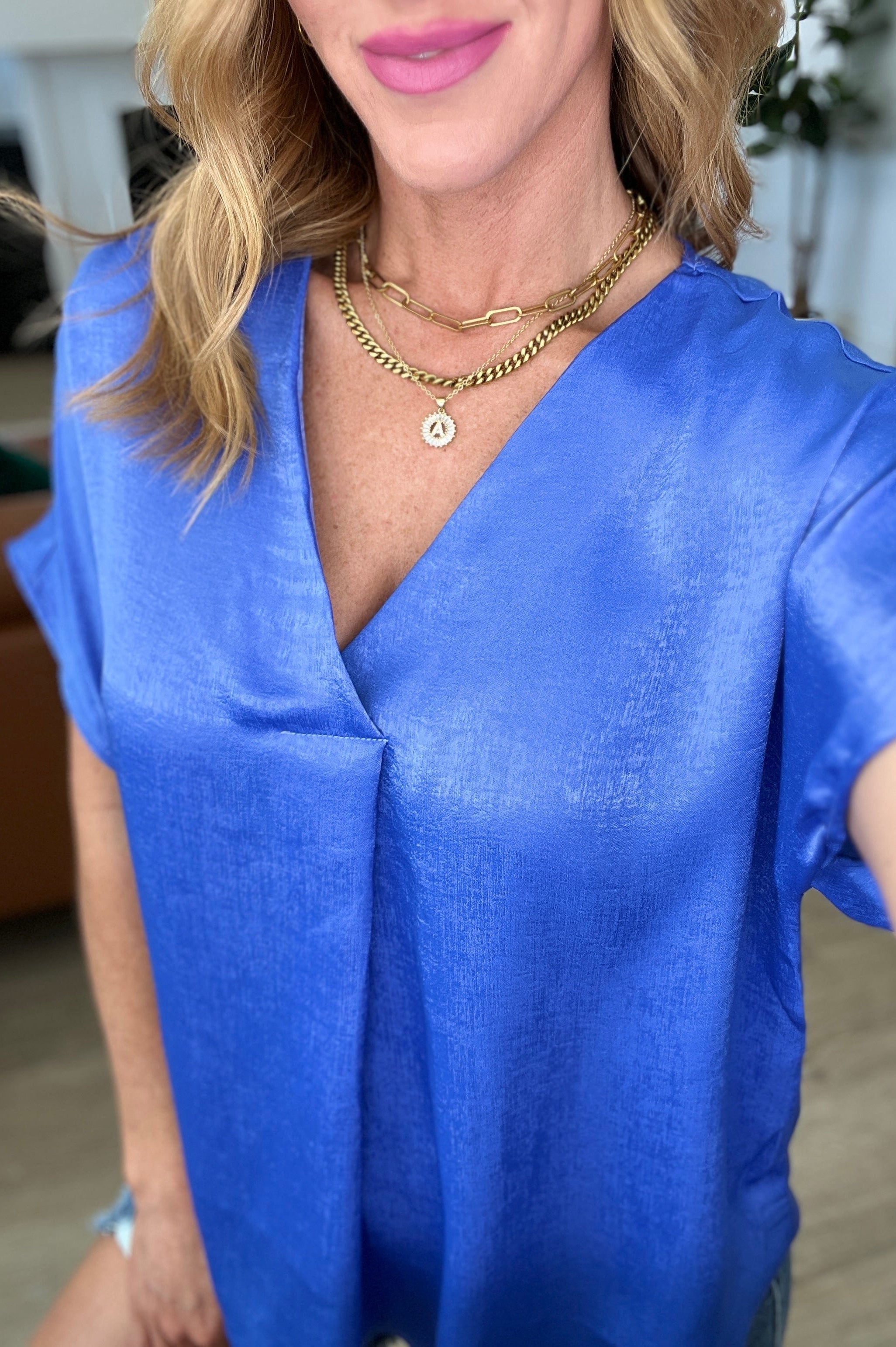 Pleat Front V-Neck Top in Royal Blue-Tops-Stay Foxy Boutique, Florissant, Missouri