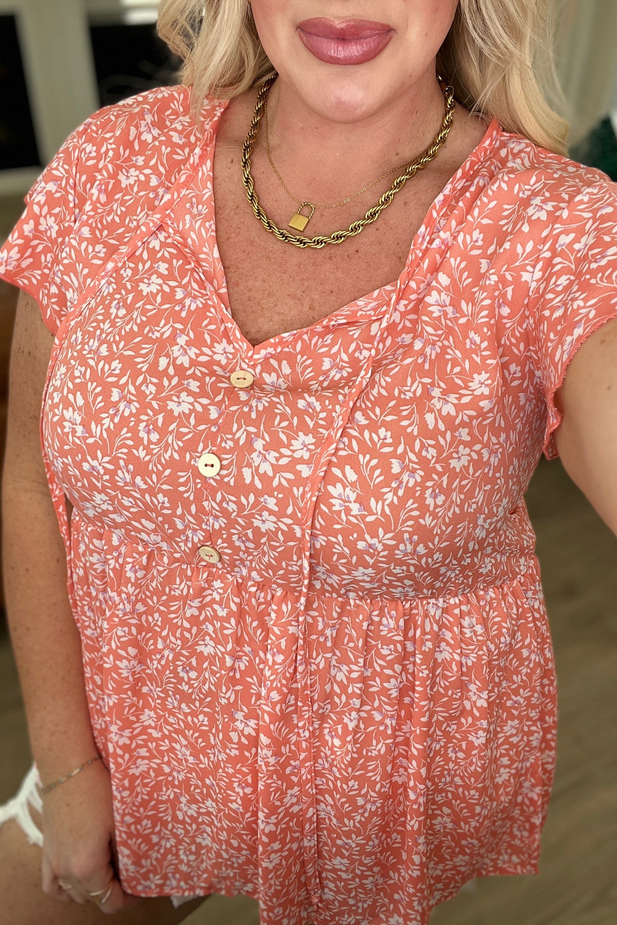 Flirty and Thriving Floral Flutter Sleeve Top in Peach-Tops-Stay Foxy Boutique, Florissant, Missouri
