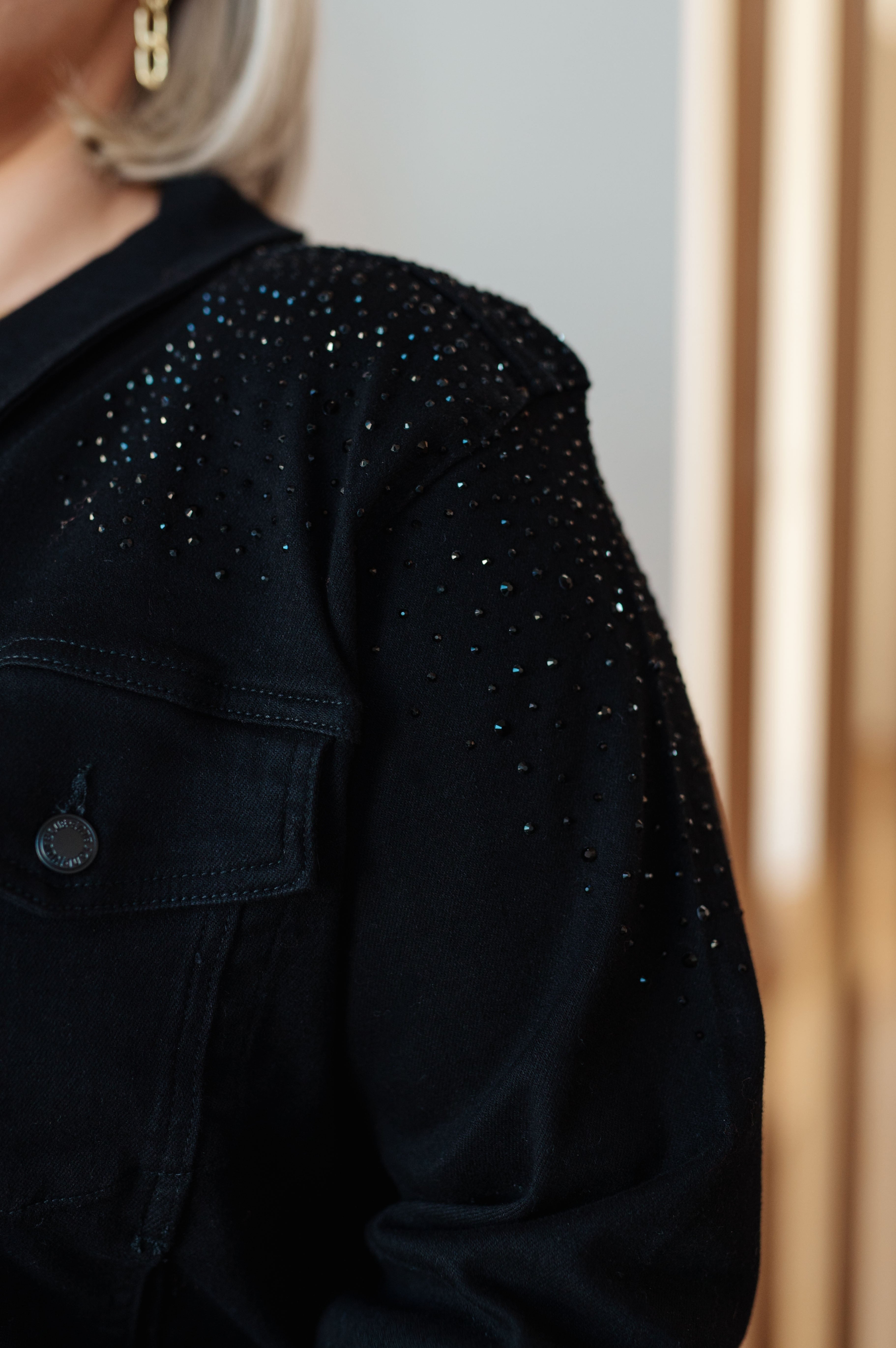 Reese Rhinestone Denim Jacket in Black-Womens-Stay Foxy Boutique, Florissant, Missouri