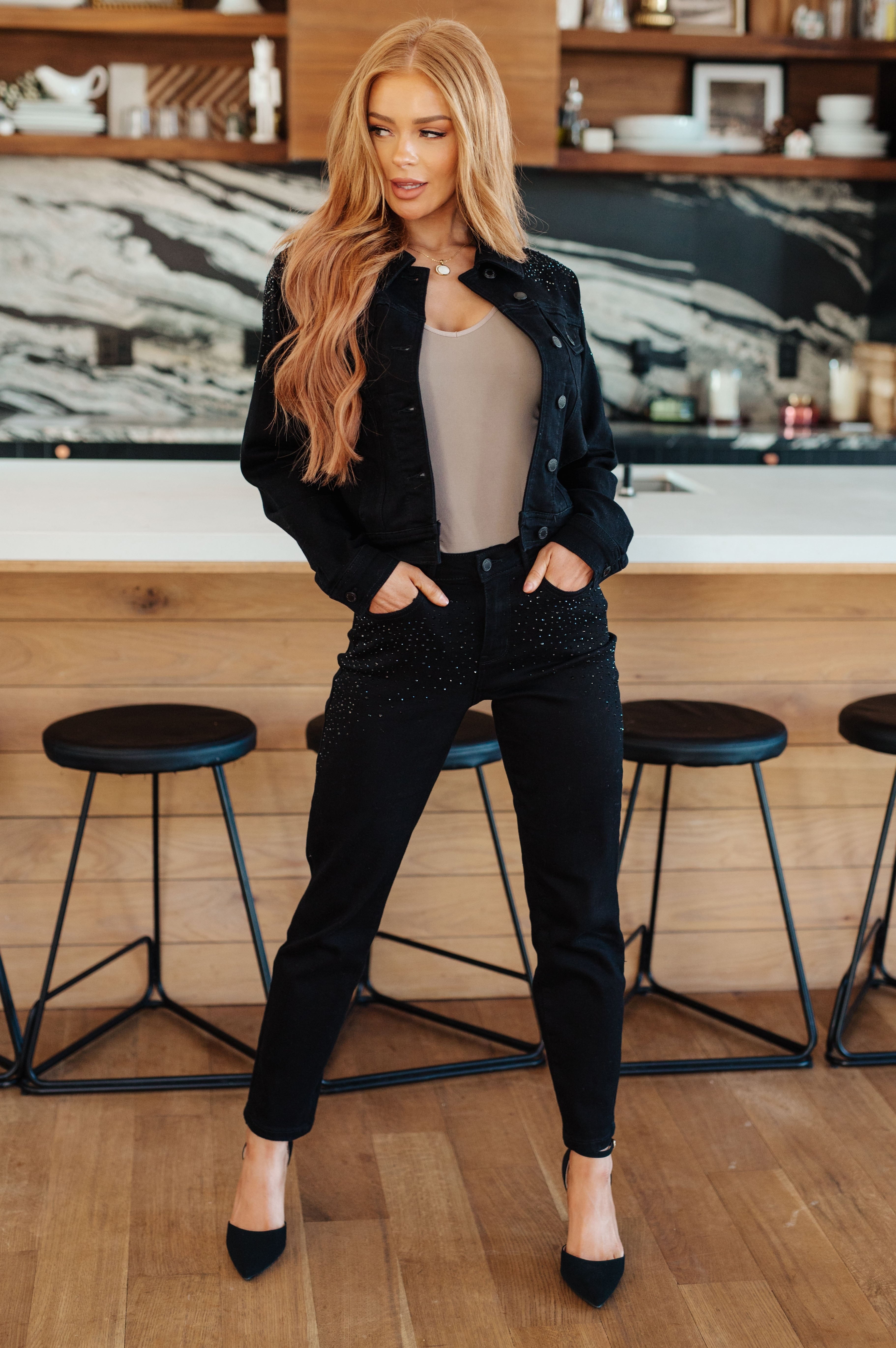 Reese Rhinestone Denim Jacket in Black-Womens-Stay Foxy Boutique, Florissant, Missouri