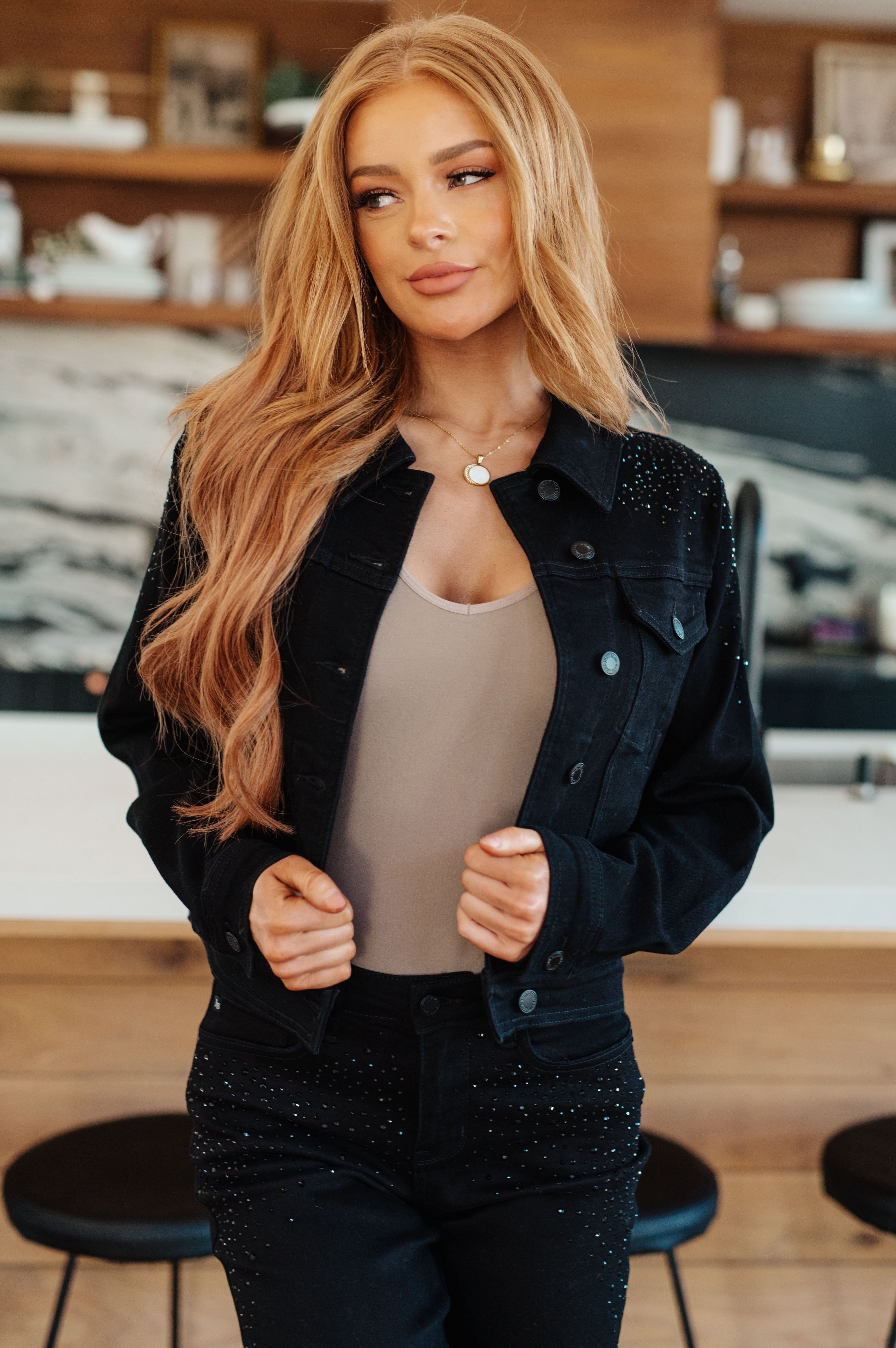 Reese Rhinestone Denim Jacket in Black-Womens-Stay Foxy Boutique, Florissant, Missouri