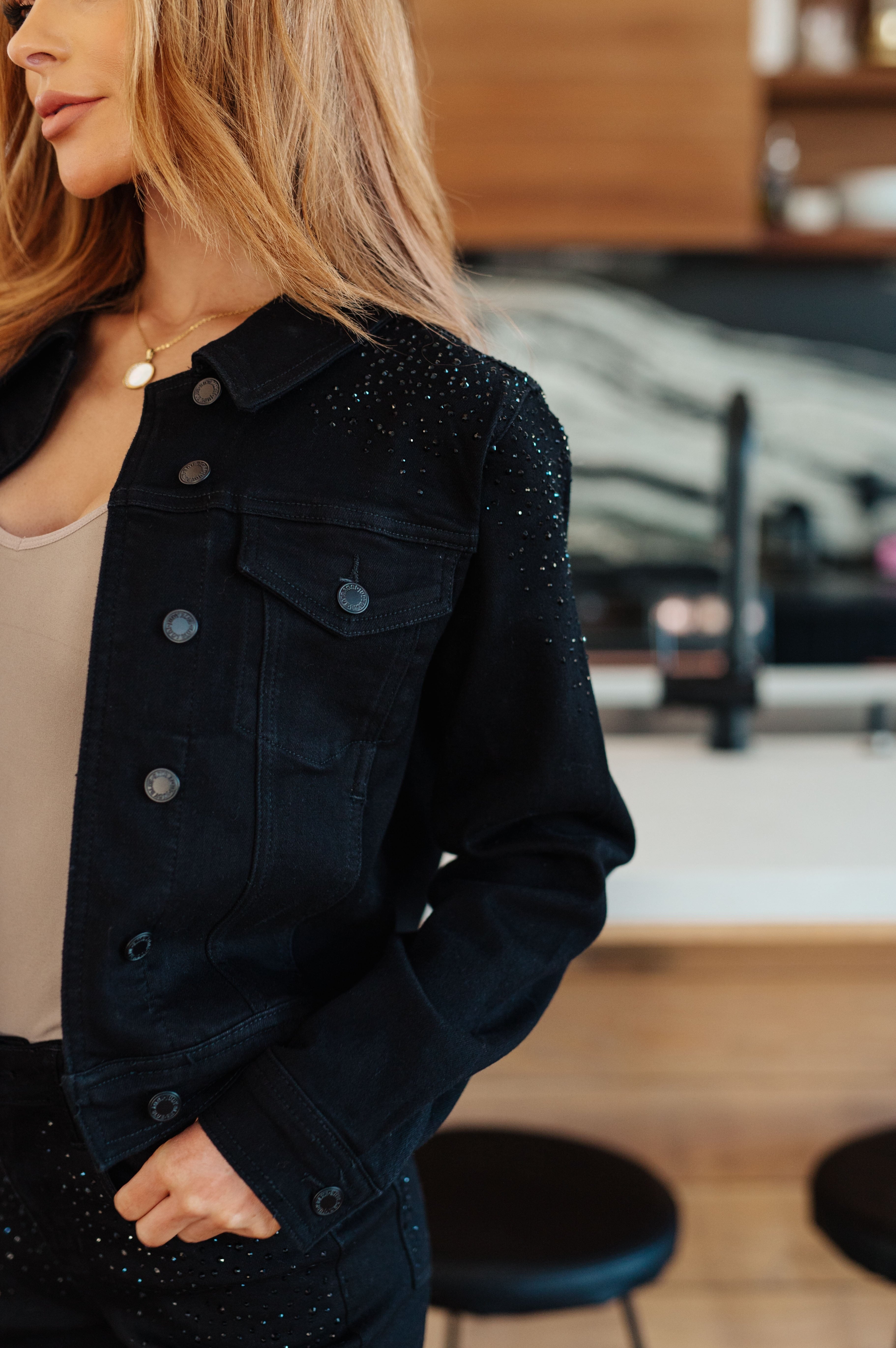 Reese Rhinestone Denim Jacket in Black-Womens-Stay Foxy Boutique, Florissant, Missouri