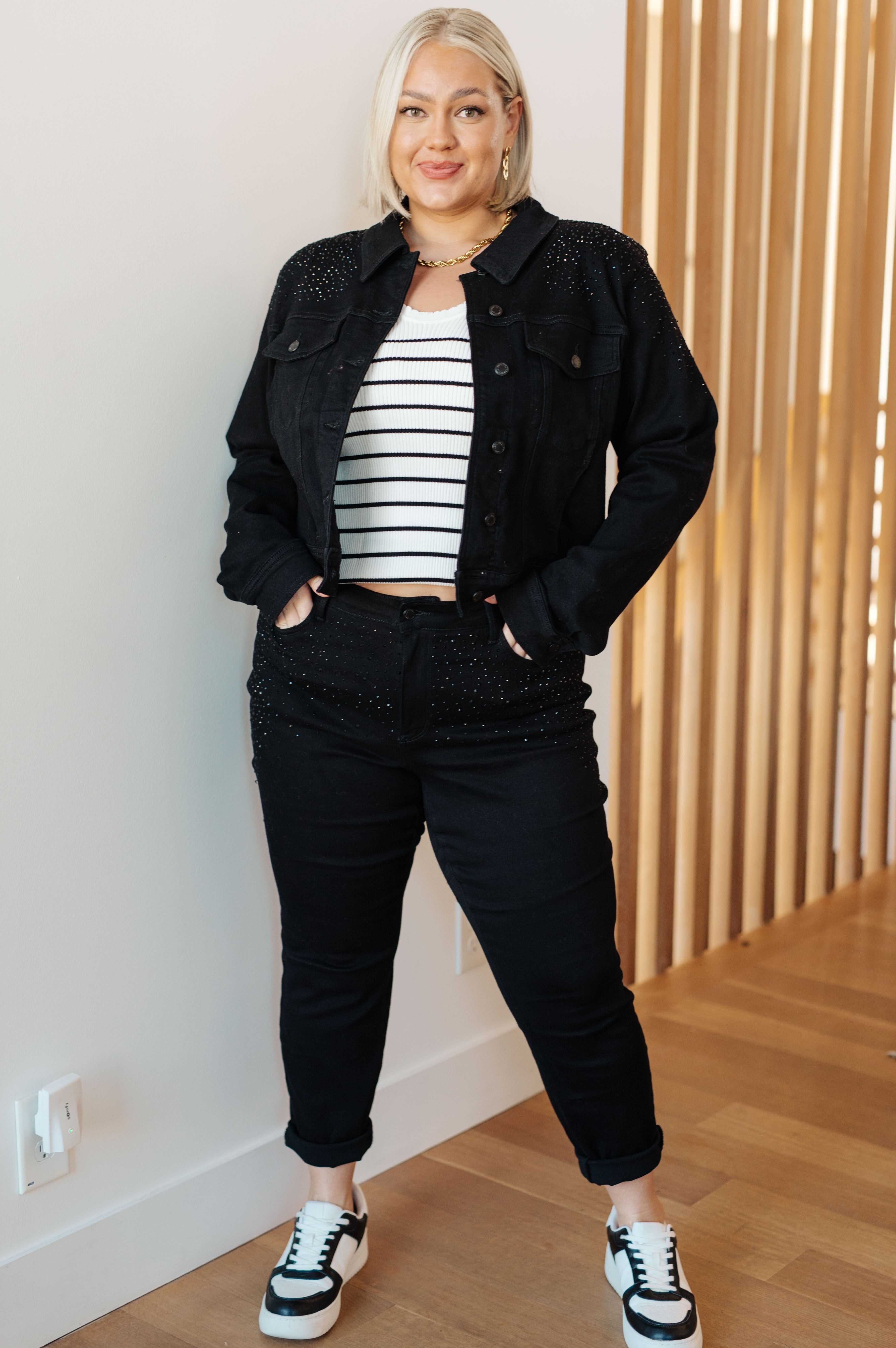 Reese Rhinestone Denim Jacket in Black-Womens-Stay Foxy Boutique, Florissant, Missouri