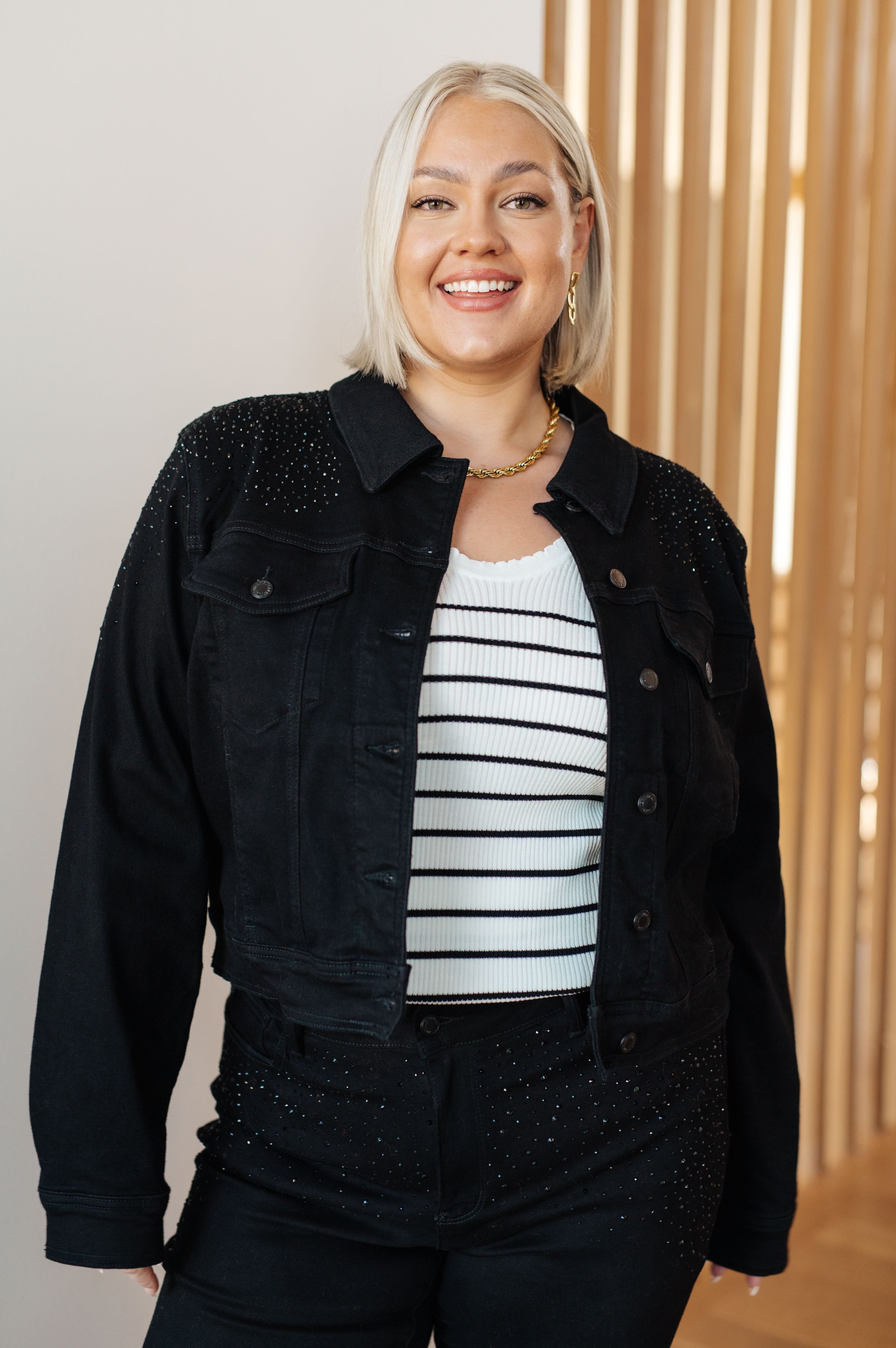 Reese Rhinestone Denim Jacket in Black-Womens-Stay Foxy Boutique, Florissant, Missouri