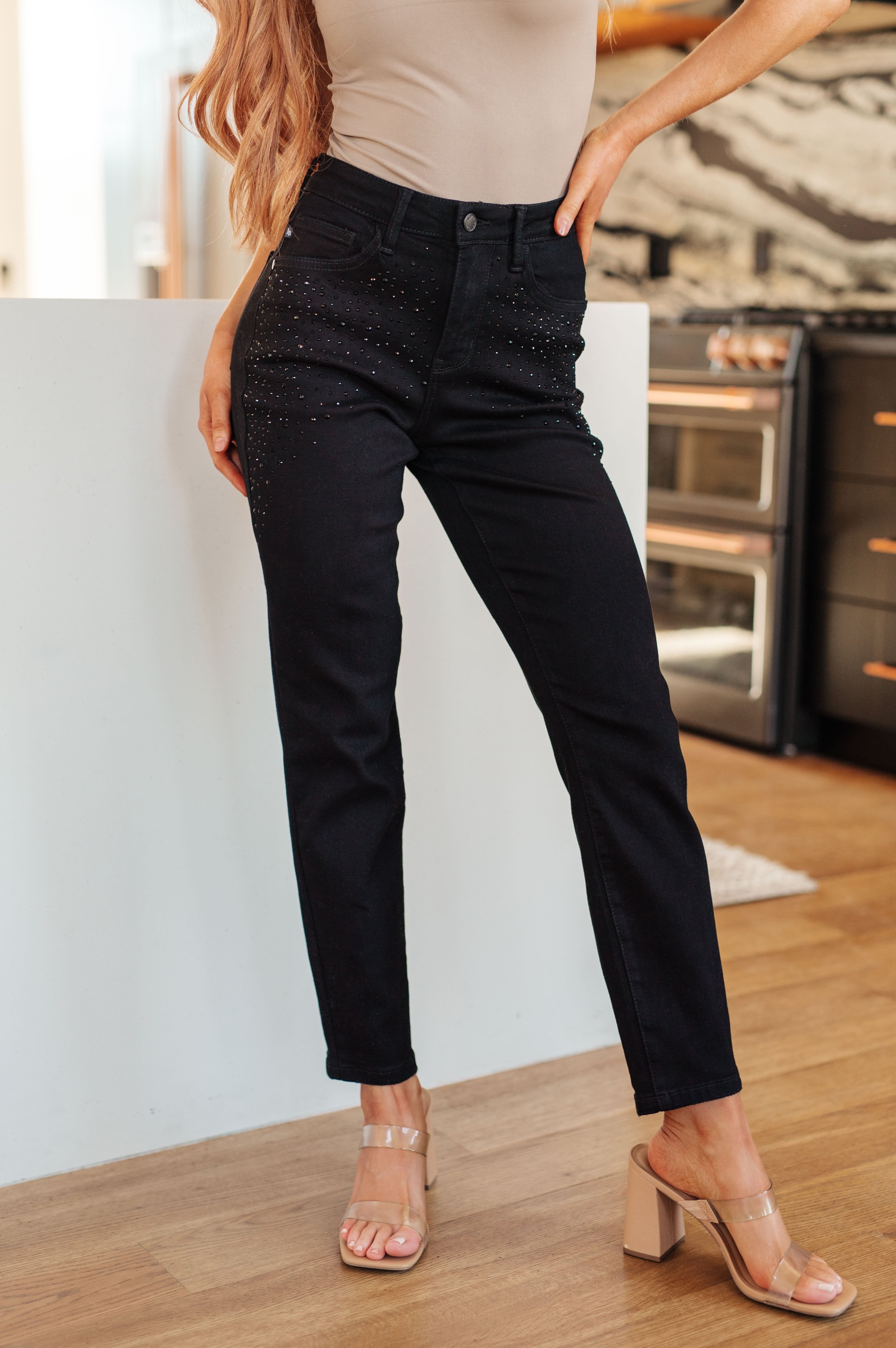Reese Rhinestone Slim Fit Jeans in Black-Womens-Stay Foxy Boutique, Florissant, Missouri