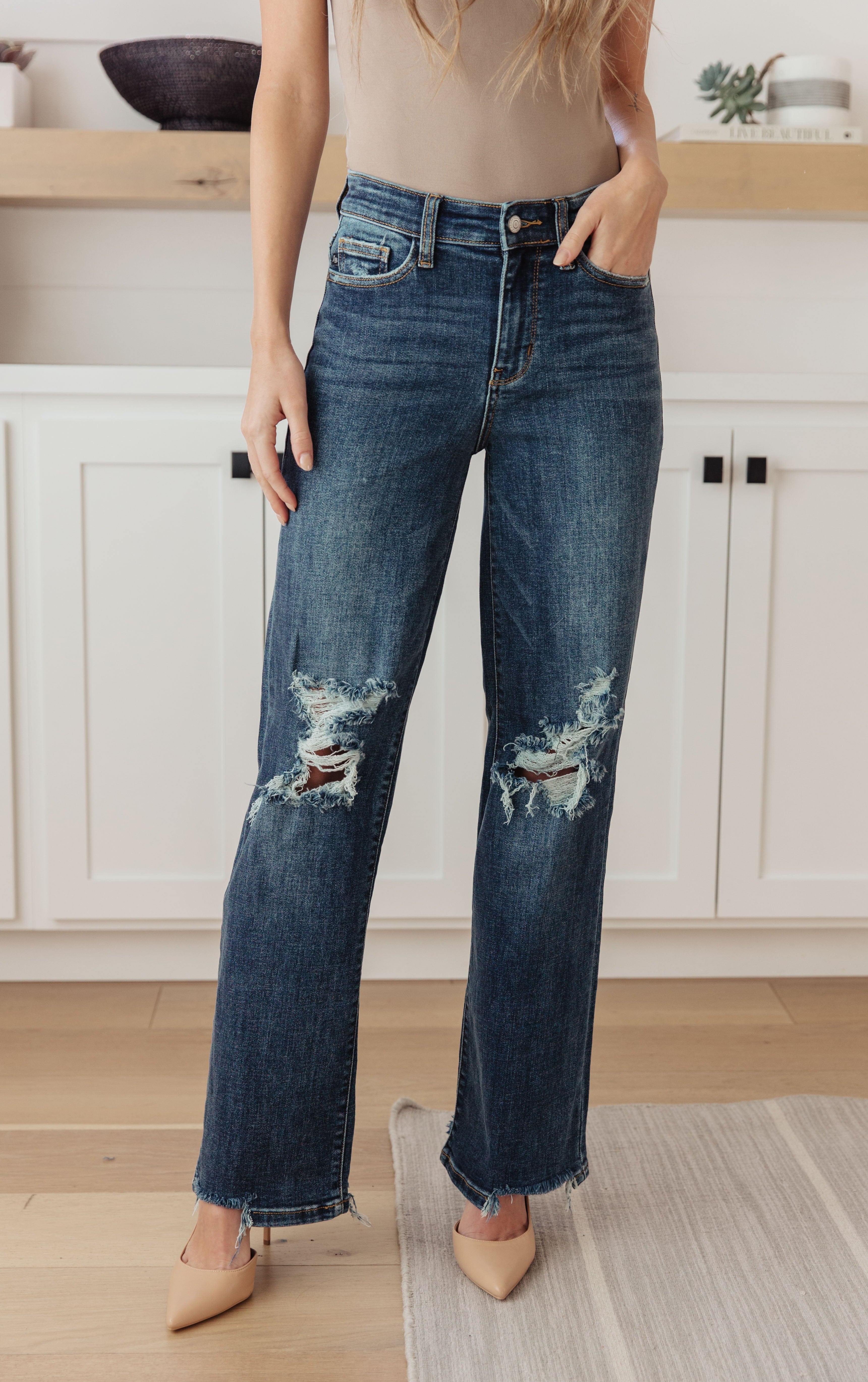 Rose High Rise 90's Straight Jeans in Dark Wash-Womens-Stay Foxy Boutique, Florissant, Missouri